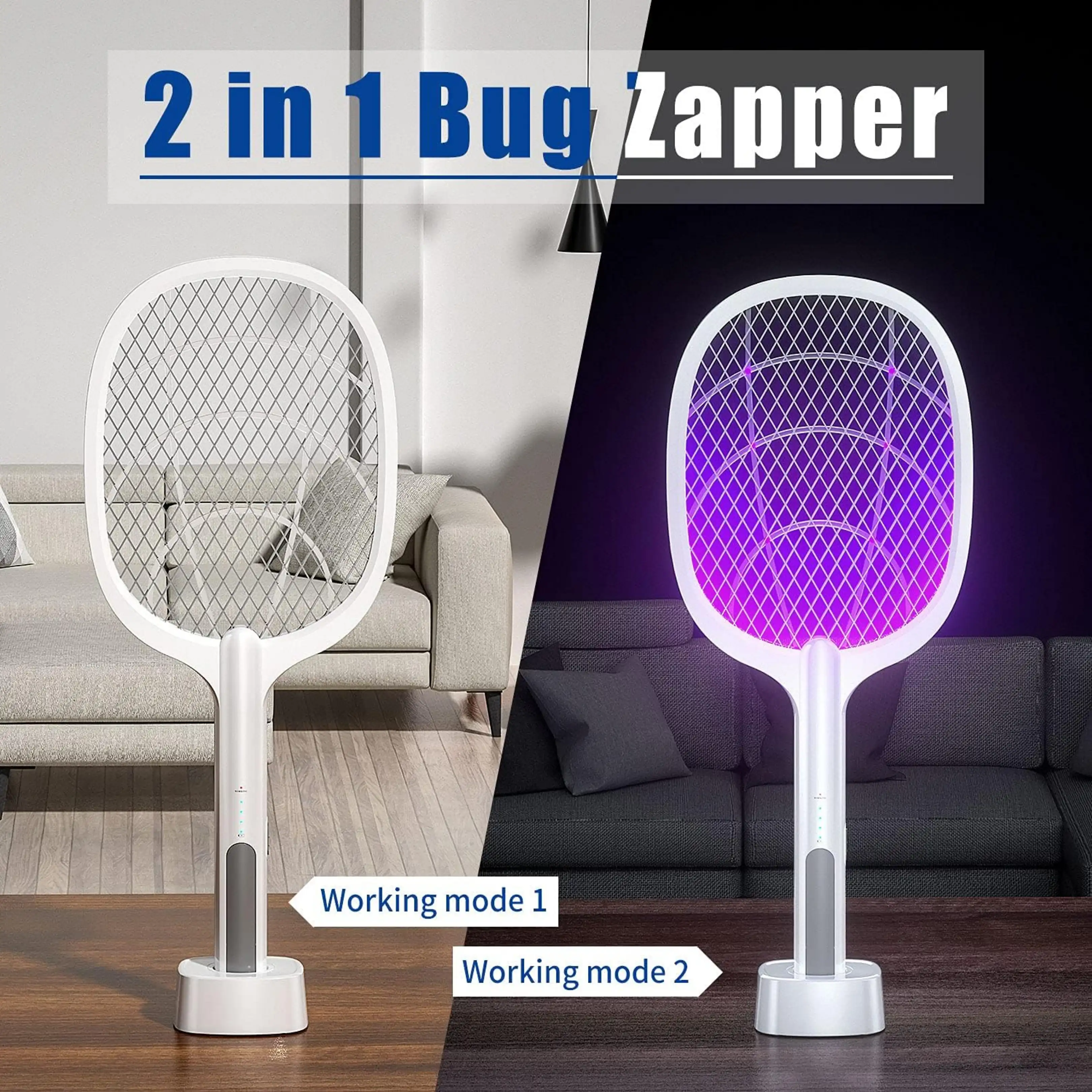 Ein weißer 2-in-1-Insektenvernichter-Schläger steht auf einem Tisch und zeigt Tag- und Nachtmodi.