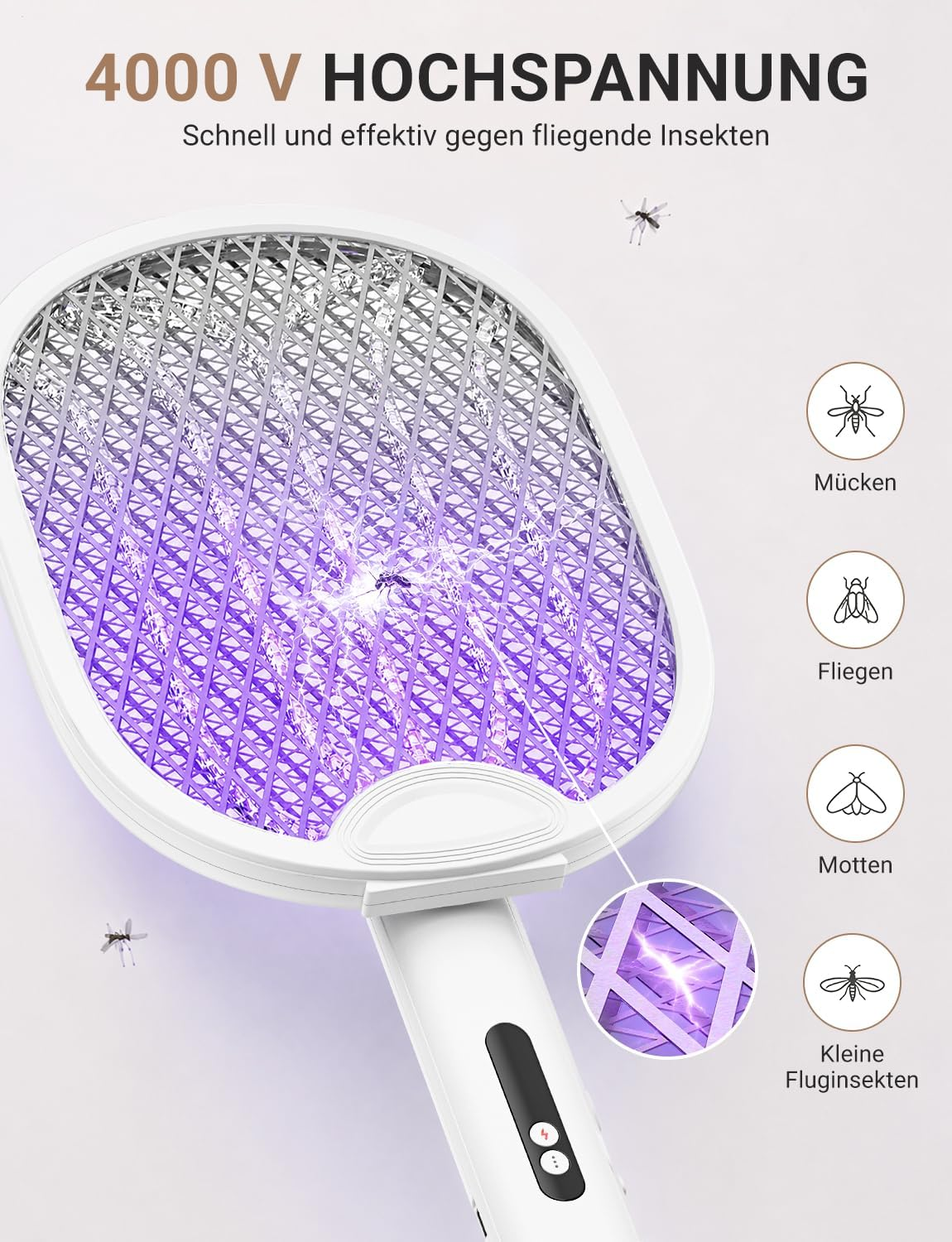 Elektrische Fliegenklatsche mit violettem Licht und Texten über Mücken und Fliegen.