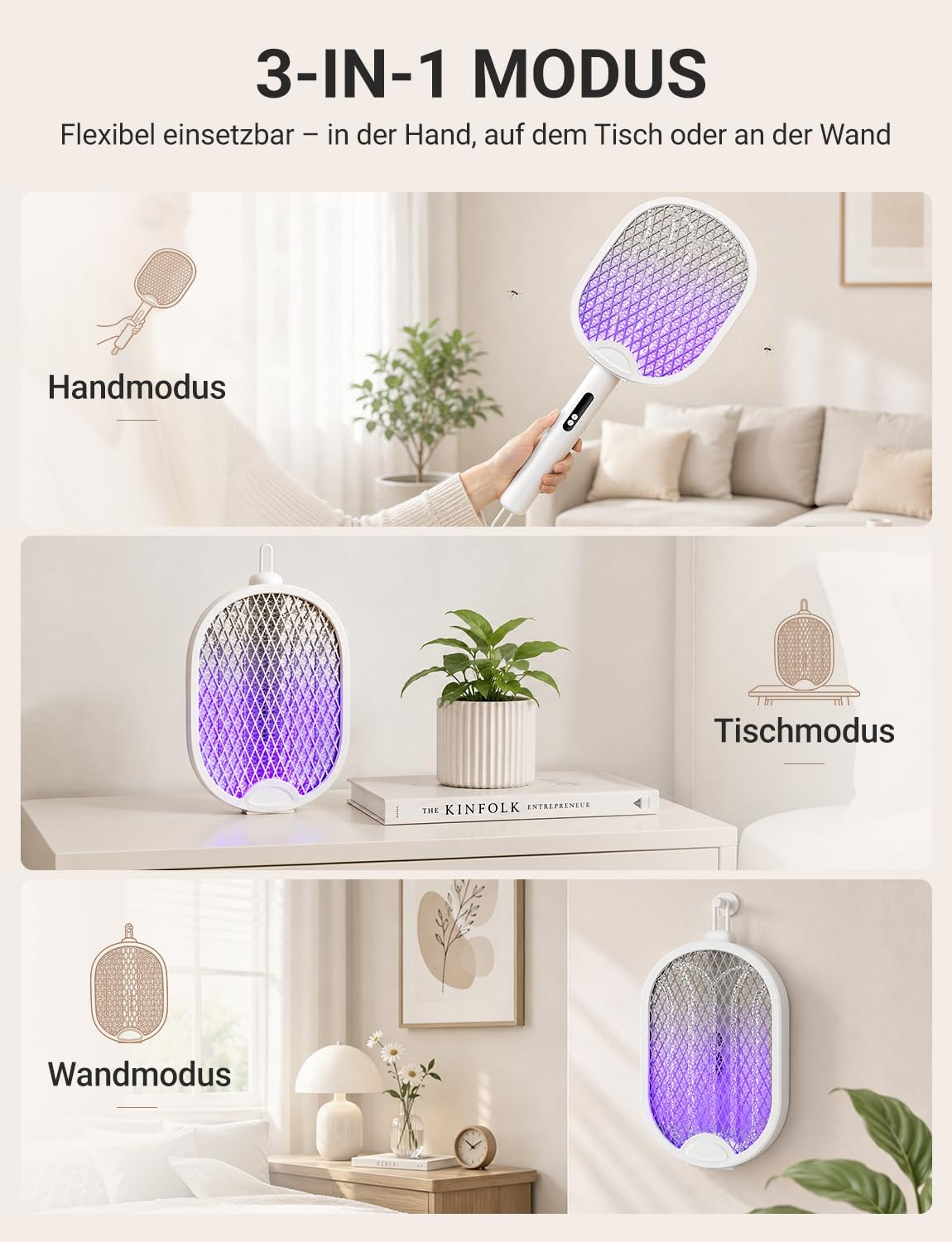 Eine elektrische Fliegenklatsche mit violettem UV-Licht in Hand-, Tisch- und Wandmodus.
