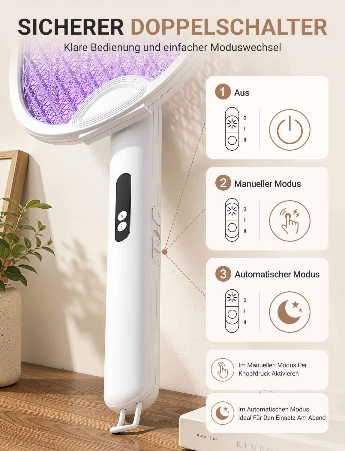 Ein weißer elektrischer Insektenschläger mit Erklärungen zu den Schaltermodi: Aus, Manueller Modus und Automatischer Modus.