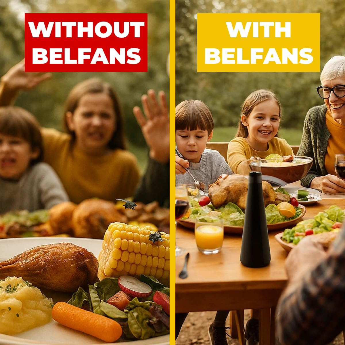 Vergleichsbild: Links ohne Gerät mit Fliegen auf dem Essen, rechts mit Gerät und glücklicher Familie beim Essen.