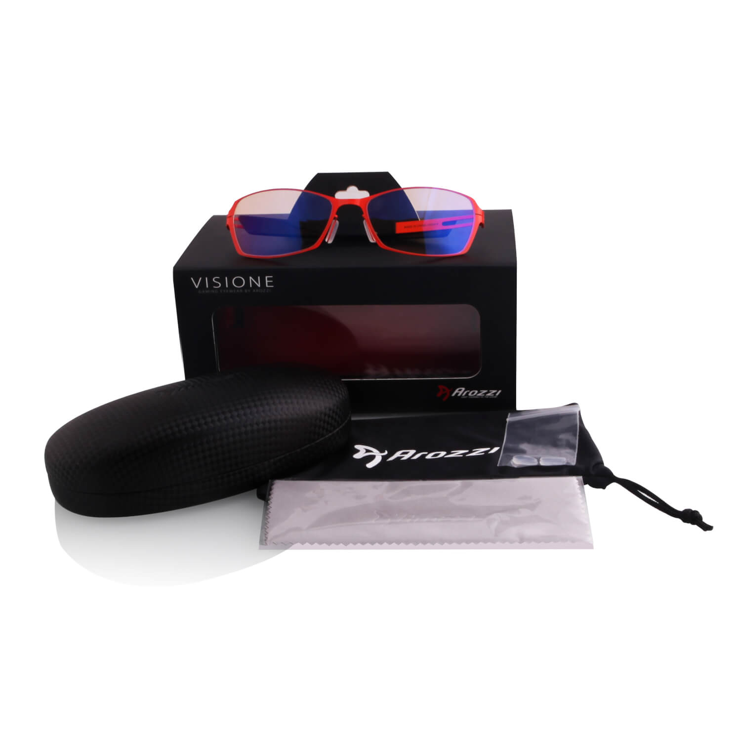 Rote Visione Gaming-Brille auf schwarzer Box mit Etui und Reinigungstuch.