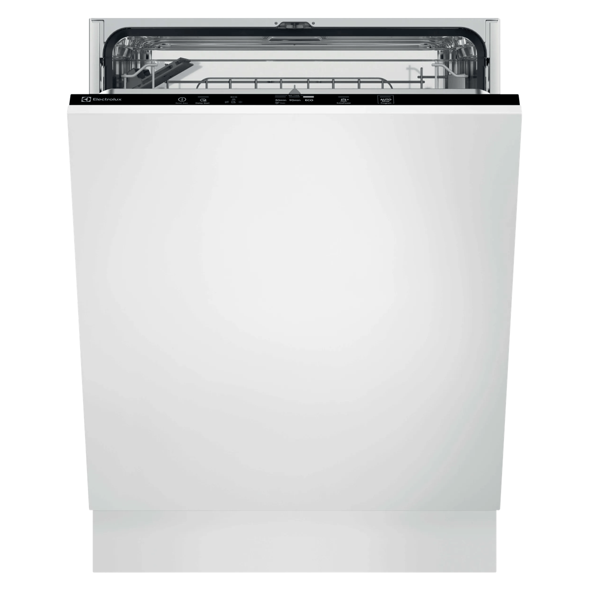 Un lavavajillas empotrable blanco con la puerta abierta y un panel de control negro.