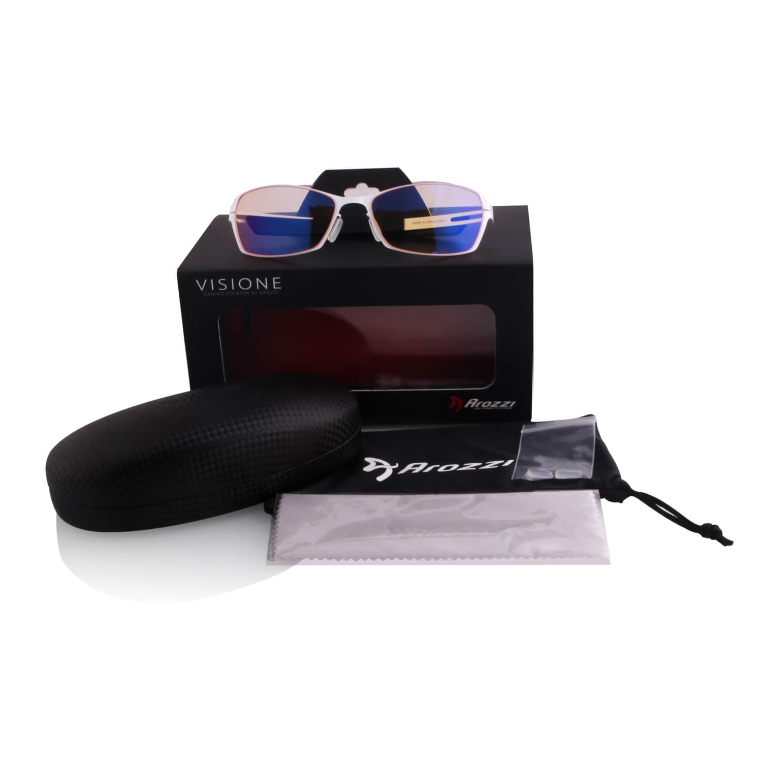 Occhiali da gaming Visione bianchi con scatola, custodia, panno e accessori.