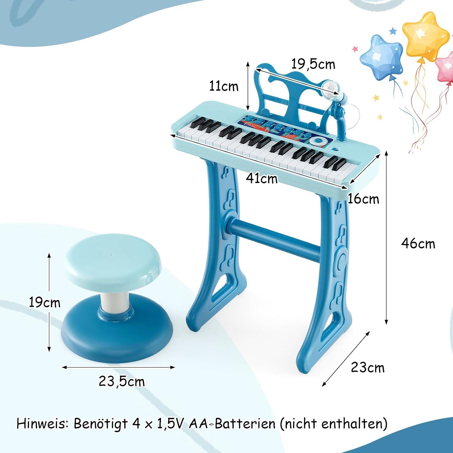 Blaues Spielzeugklavier mit passendem Hocker und Maßen, dazu Ballon-Dekorationen.