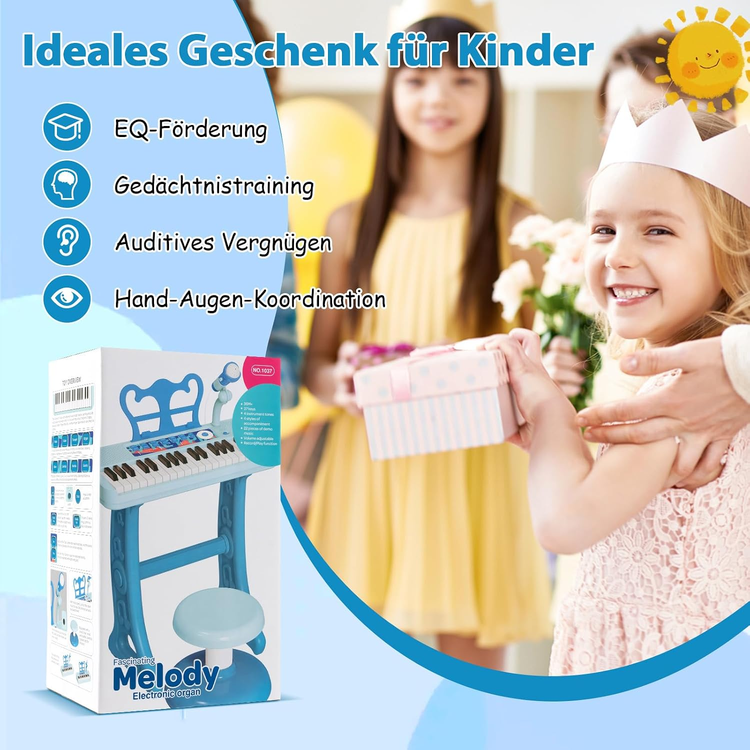 Lächeln Kinder feiern, mit einem Spielzeugklavier und Produktmerkmalen.