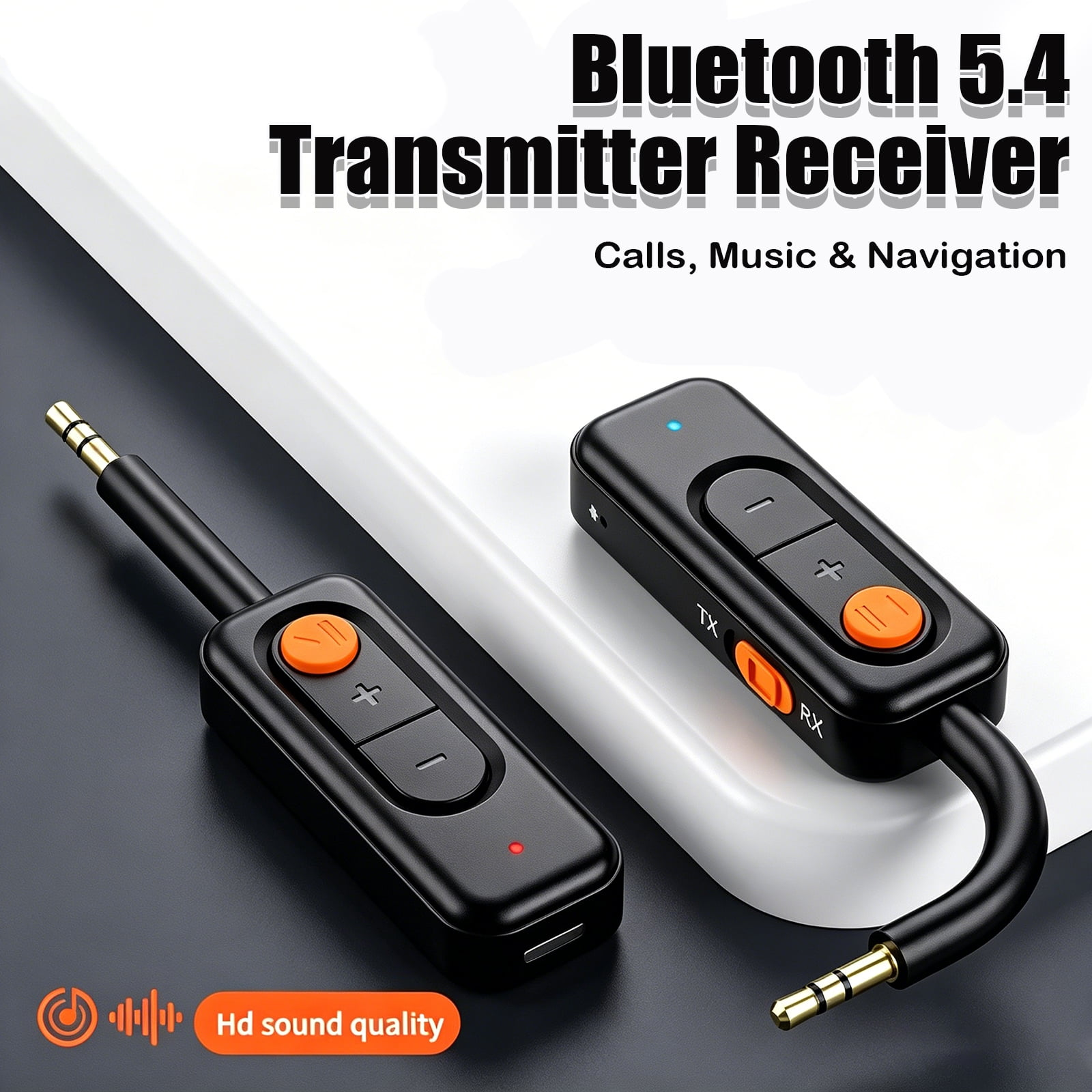 Zwei schwarze Bluetooth 5.4 Sender und Empfänger mit Klinkensteckern, orangen Tasten und Text.