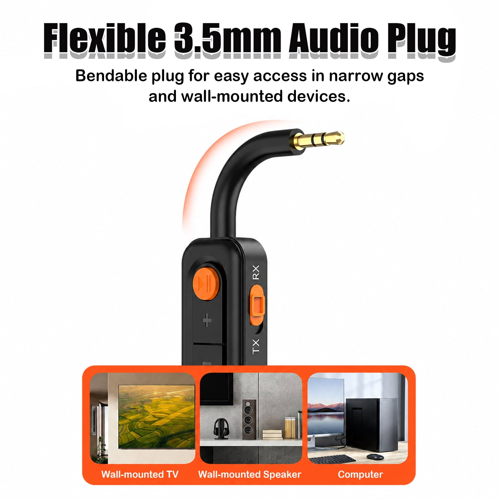 Flexibler 3,5-mm-Audiostecker mit Funktionen für TV, Lautsprecher und Computer.
