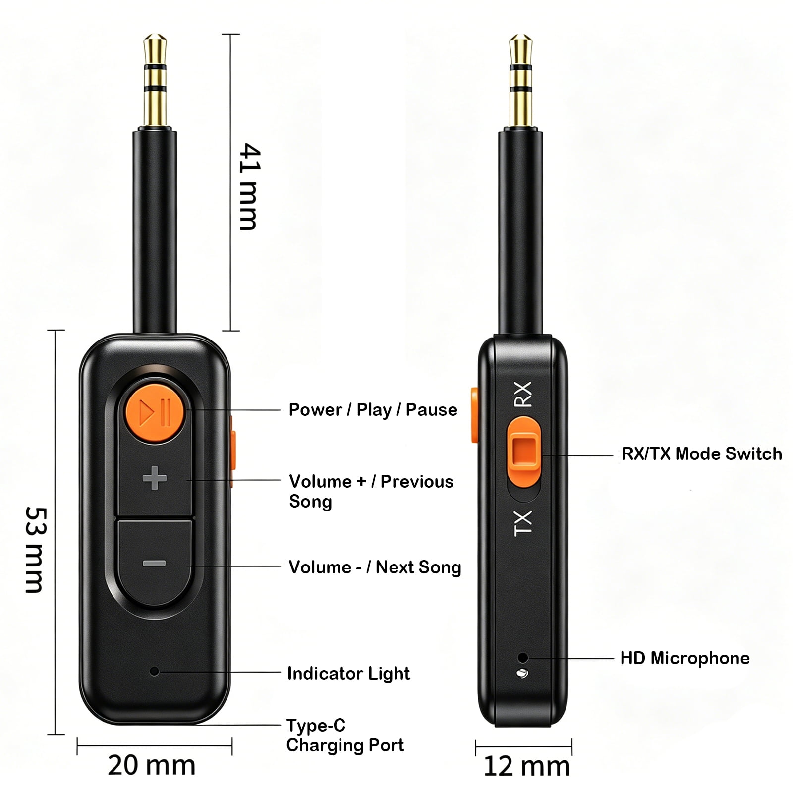 Diagramm eines kleinen schwarzen Bluetooth-Audioadapters mit Maßen, Tasten und Anschlüssen.