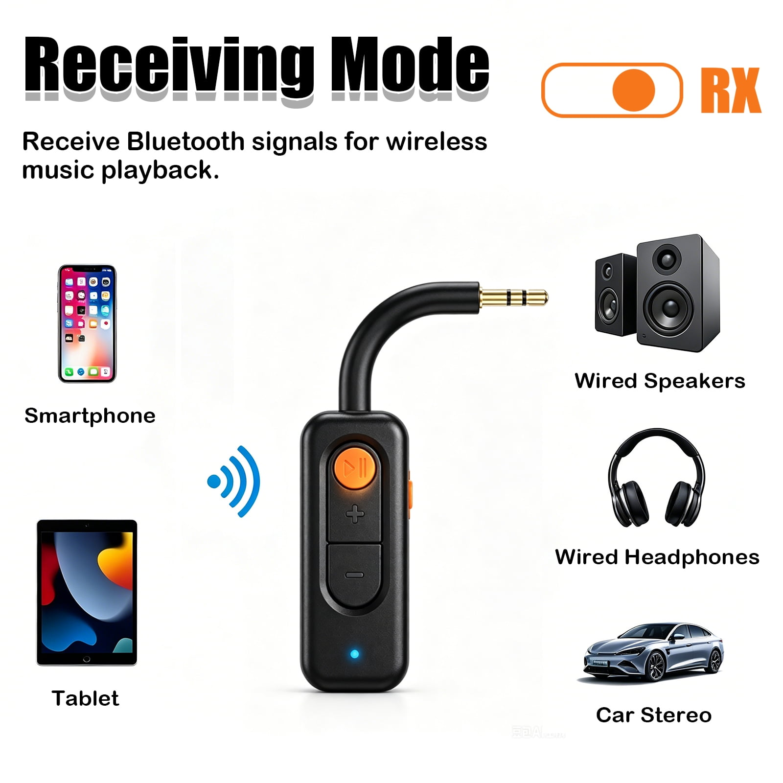 Bluetooth-Empfänger verbindet Smartphone oder Tablet mit Lautsprechern, Kopfhörern oder Autoradio.