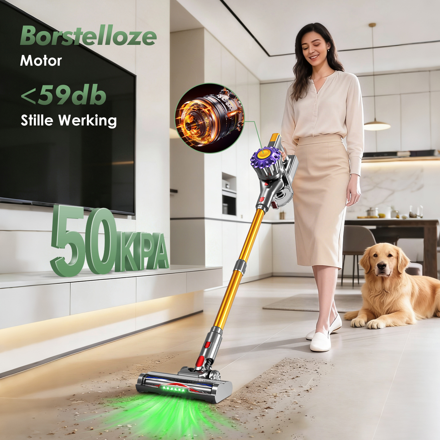 Eine Frau benutzt einen goldenen Akkusauger in einem modernen Wohnzimmer mit Hund.