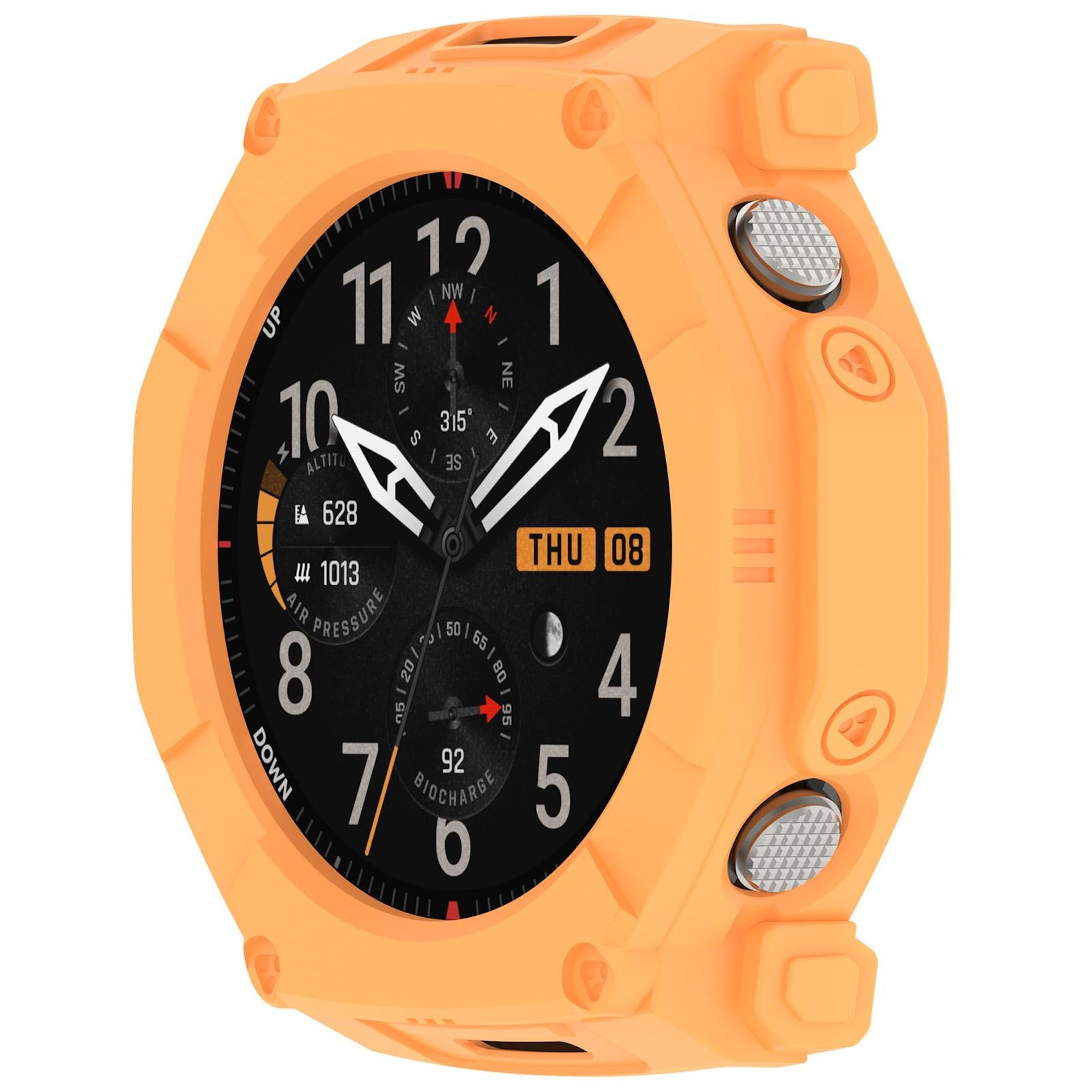 Leuchtend orangefarbene Smartwatch mit schwarzem Zifferblatt, weißen Zahlen und silbernen Knöpfen.