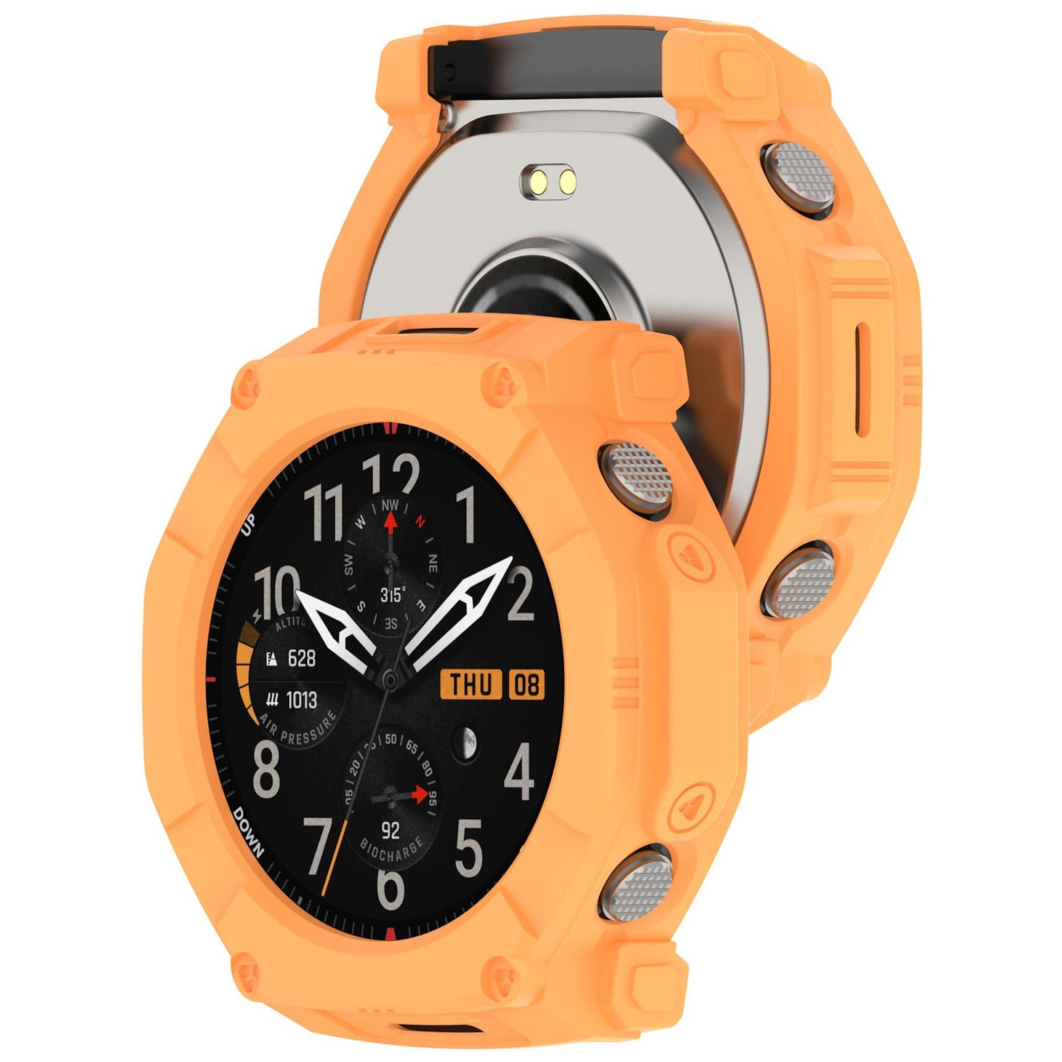 Eine orangefarbene Smartwatch mit robustem Gehäuse und digitalem Zifferblatt auf weißem Hintergrund.