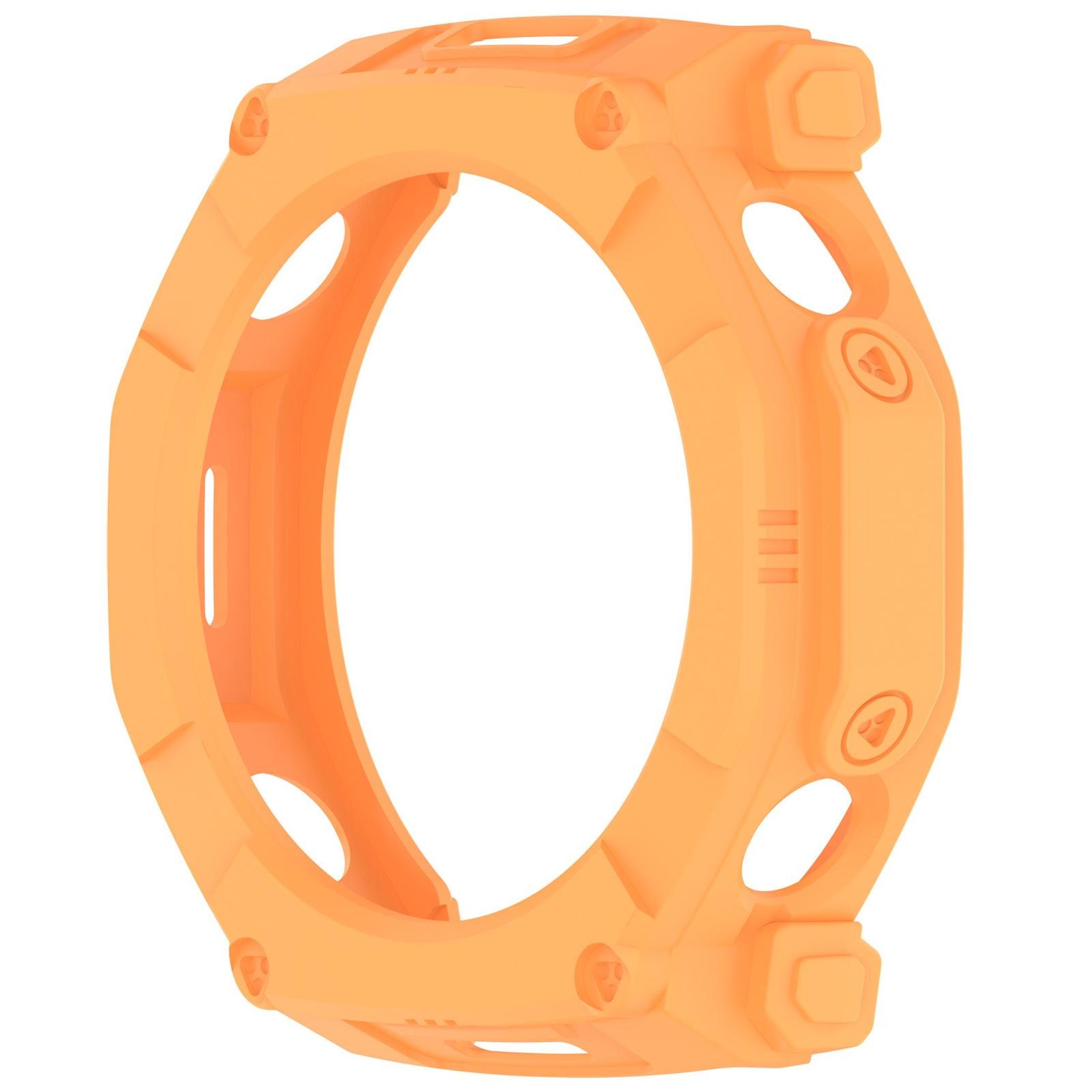 Eine orangefarbene, robuste Schutzhülle für eine Smartwatch mit Knöpfen und Aussparungen auf weißem Hintergrund.
