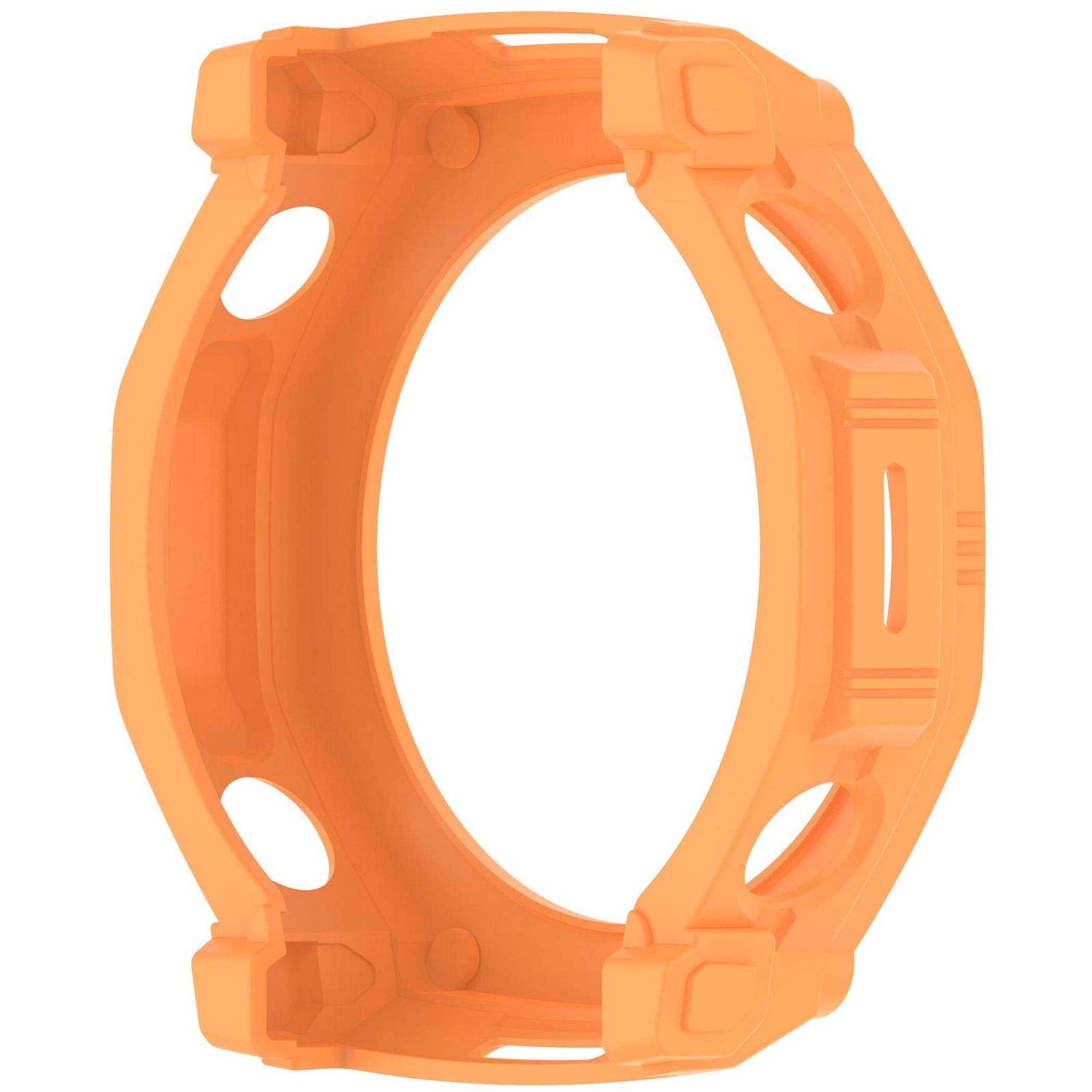 Eine leuchtend orangefarbene Schutzhülle für Smartwatches mit präzisen Ausschnitten auf weißem Hintergrund.