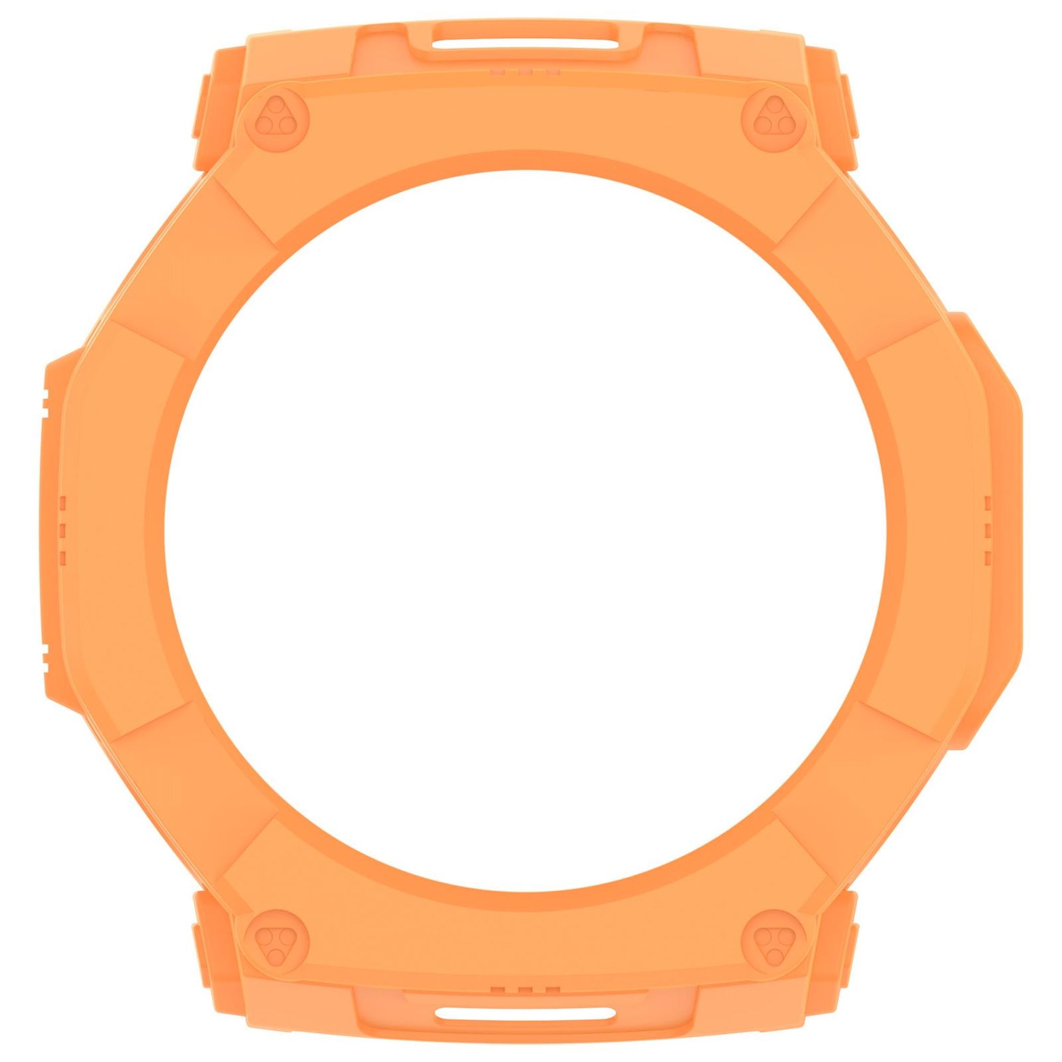 Ein orangefarbenes, achteckiges Uhrenschutzgehäuse vor schlichtem weißem Hintergrund.