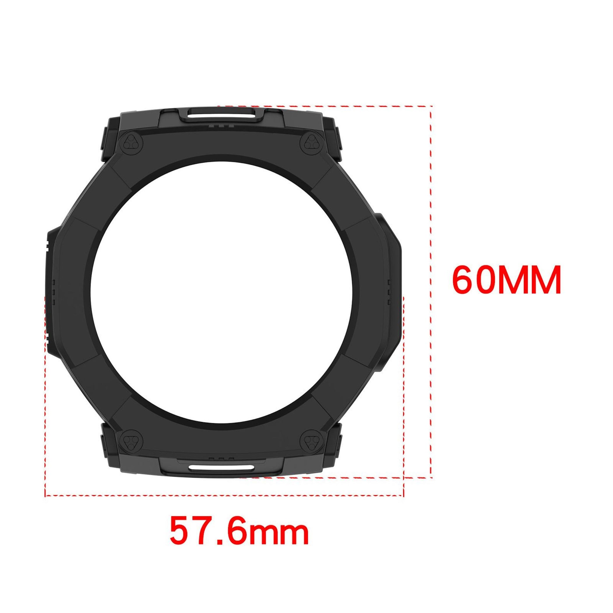 Technische Zeichnung eines schwarzen Smartwatch-Gehäuses mit 60mm Höhe und 57,6mm Breite vor weißem Hintergrund.