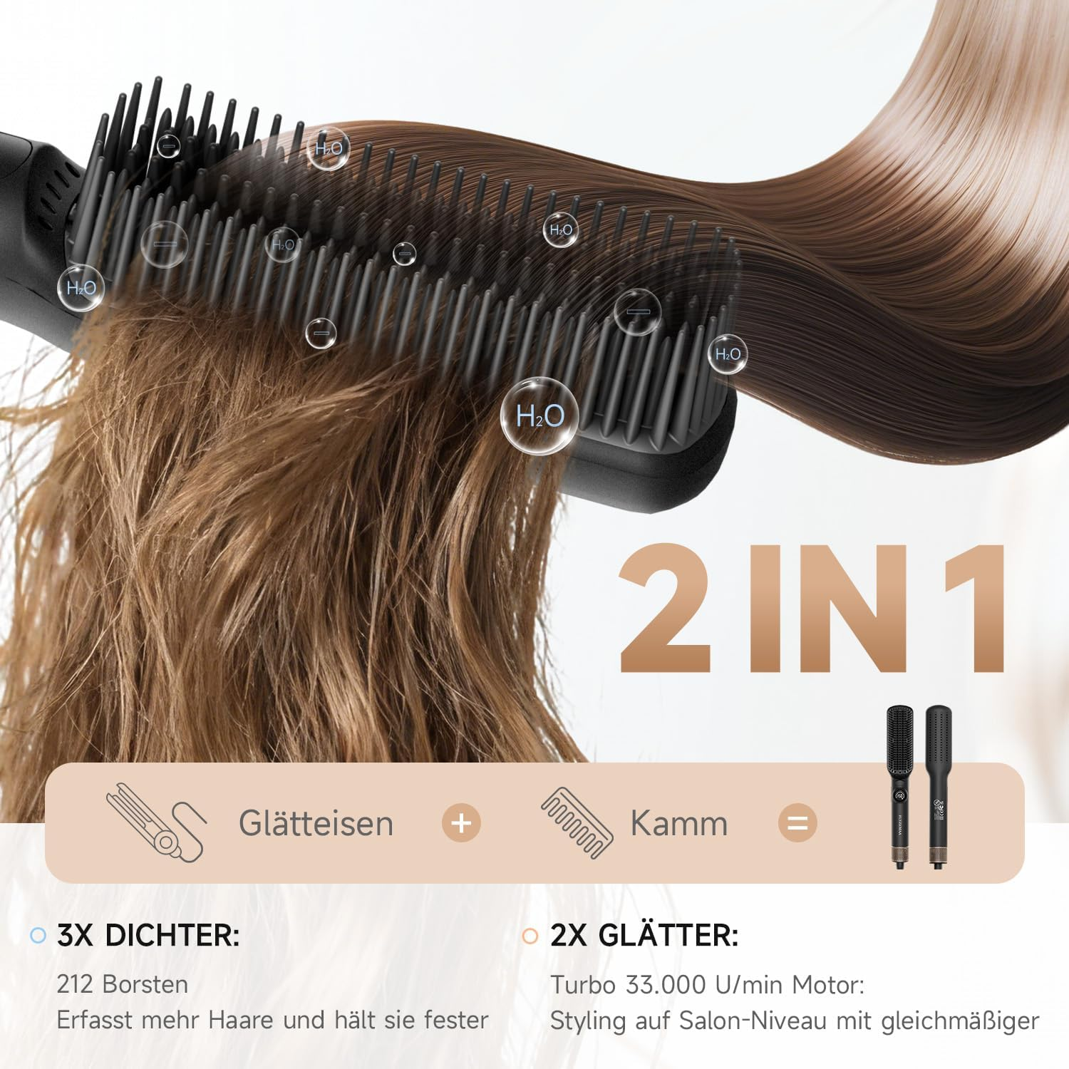 Eine 2-in-1-Haarglättungsbürste glättet krauses Haar in glatte Strähnen, mit Wassermolekülen und Text.