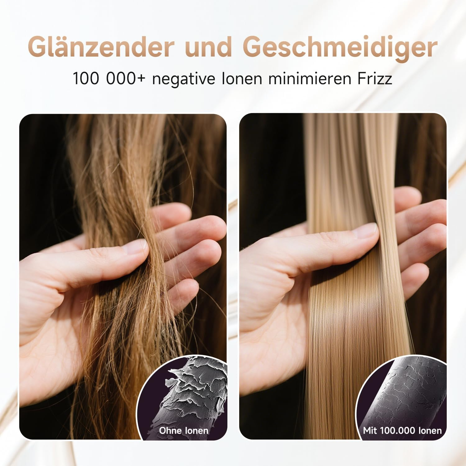 Vergleich von Haaren ohne Ionen mit Frizz und glattem Haar mit Ionen.
