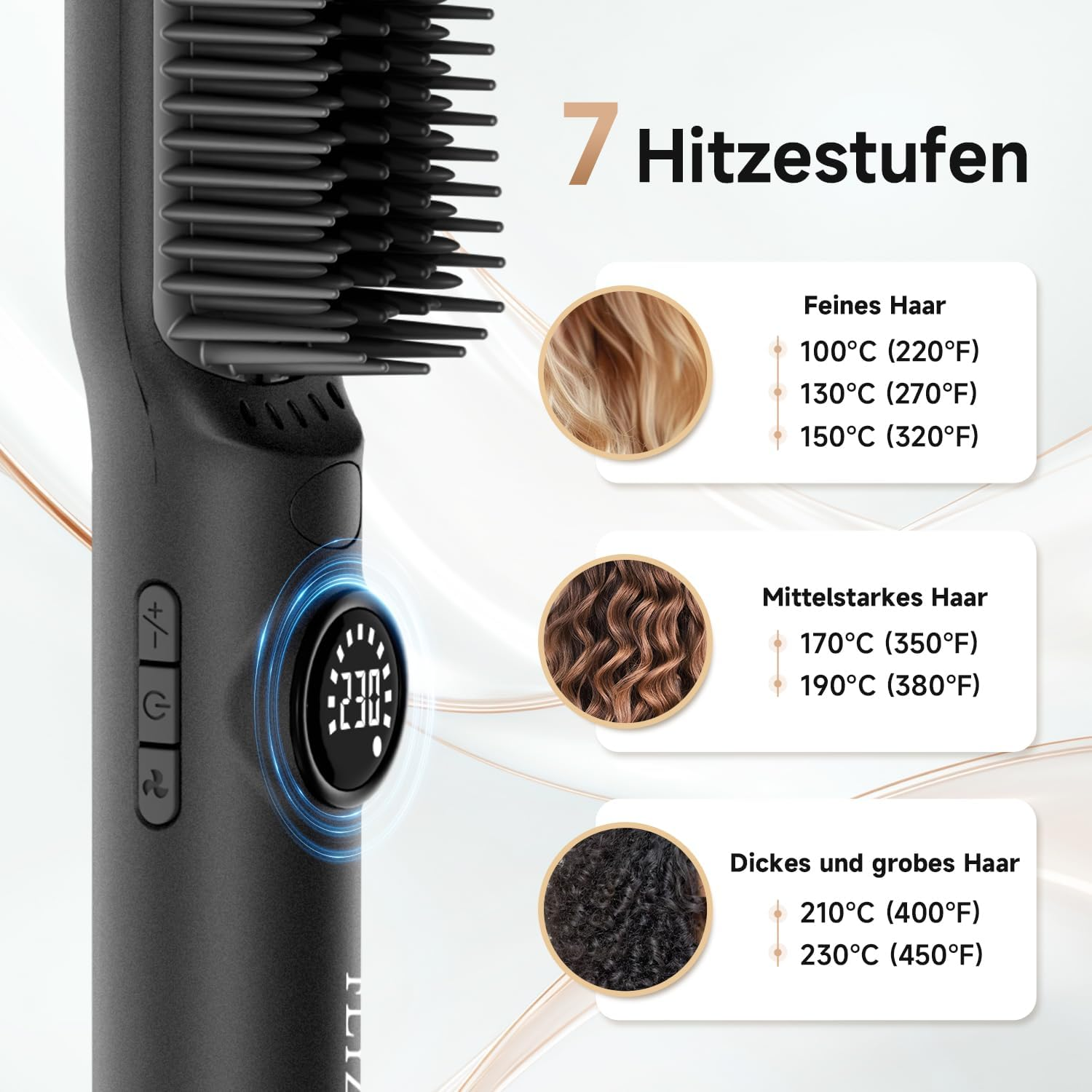 Glättungsbürste mit digitalen Temperaturstufen für verschiedene Haartypen.