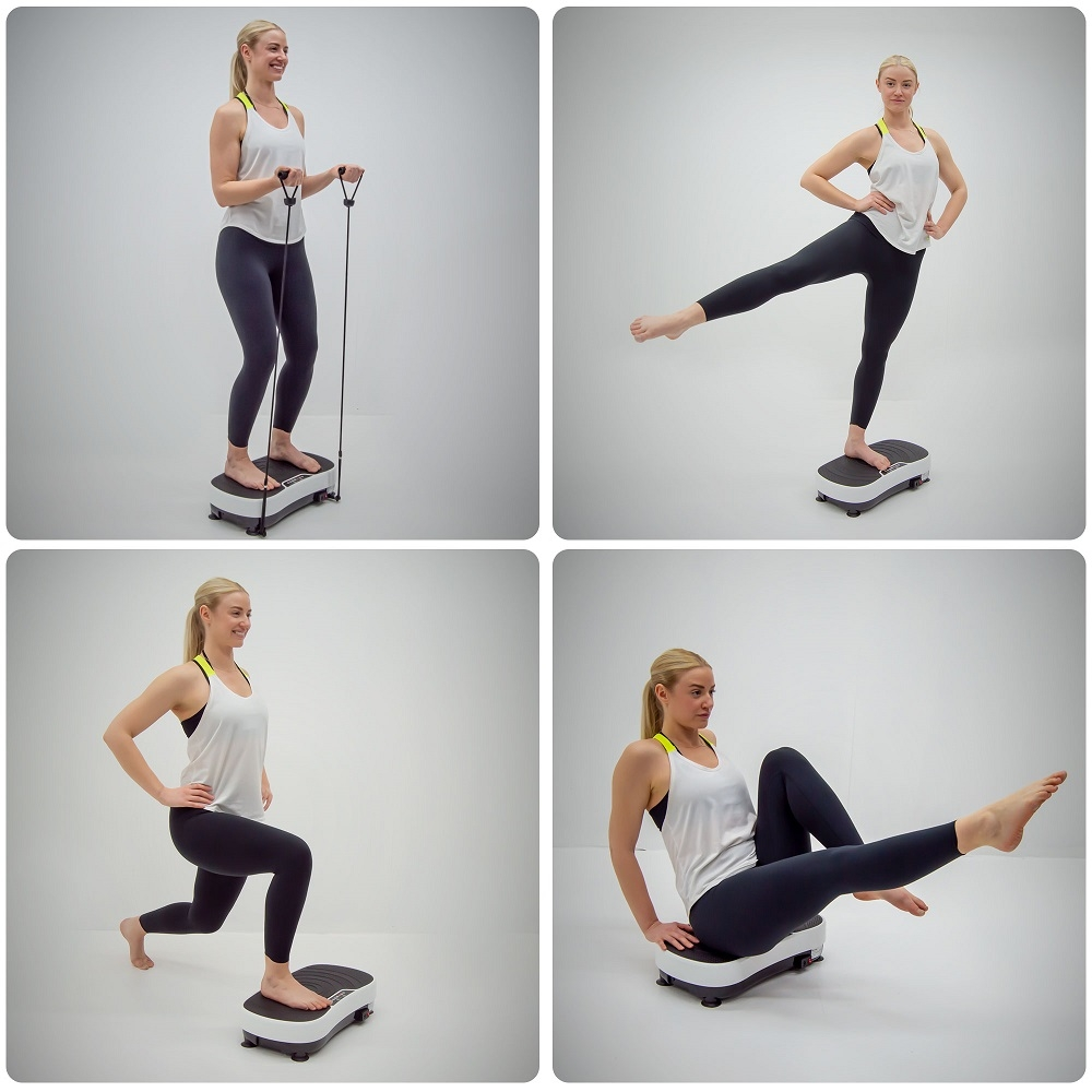 Eine Frau in Sportkleidung trainiert verschiedene Übungen auf einer Vibrationsplatte.