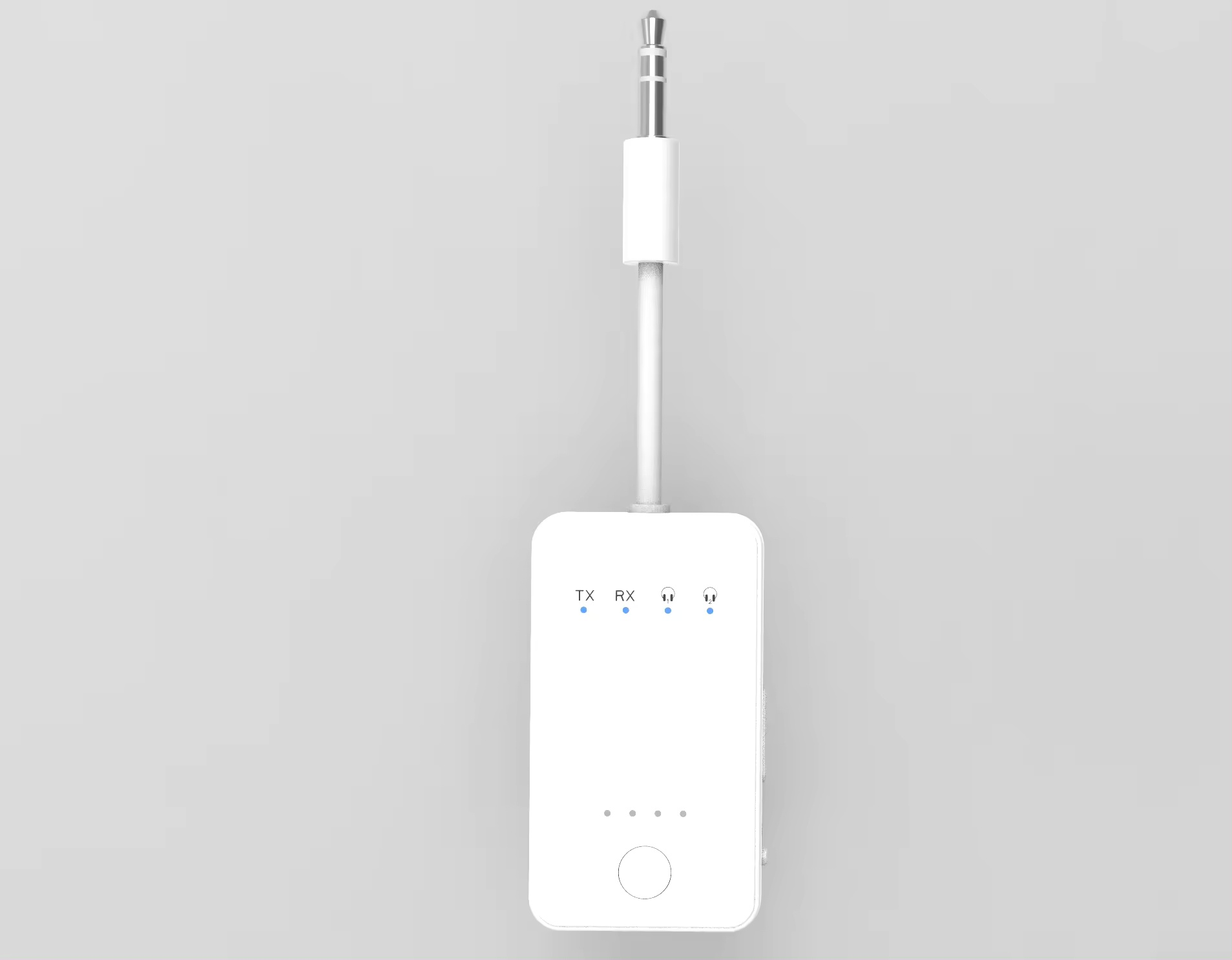 Ein weißer Audioadapter mit 3,5-mm-Klinkenstecker, Statusleuchten und einer Taste auf grauem Grund.