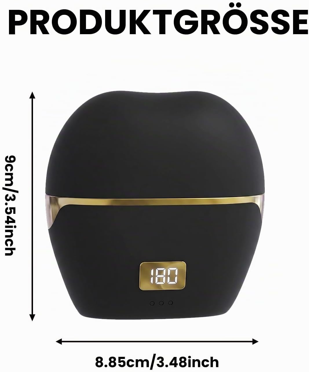 Schwarzes Produkt mit goldener Trennlinie und Digitalanzeige 180, Höhe 9 cm und Breite 8,85 cm.