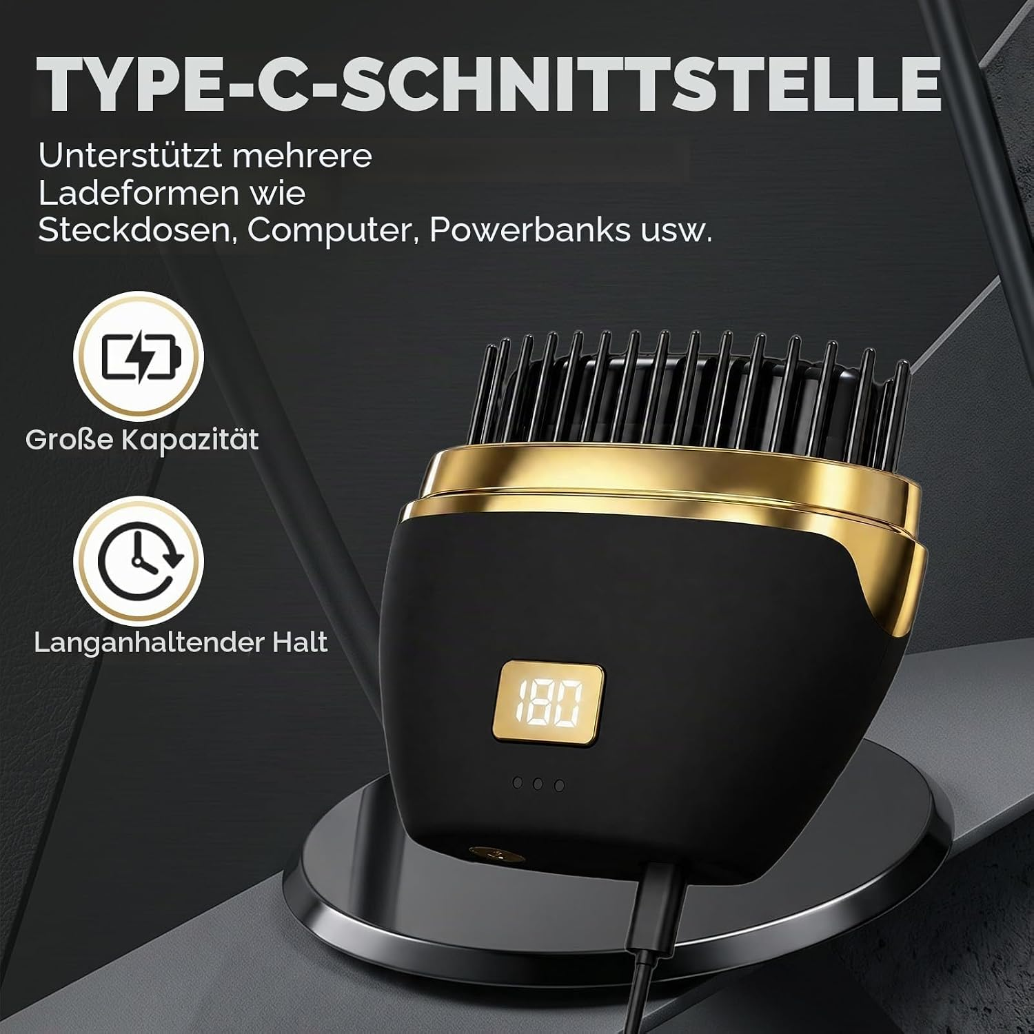 Schwarzes und goldenes elektrisches Haarbürstengerät mit digitaler Anzeige und Ladekabel auf dunklem Hintergrund.