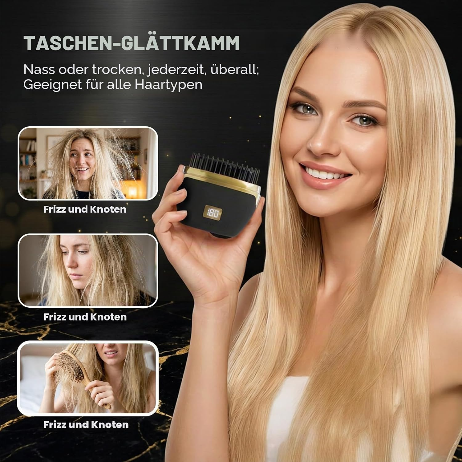 Eine Frau hält einen Taschen-Glättkamm, während kleine Bilder zerzaustes Haar zeigen.