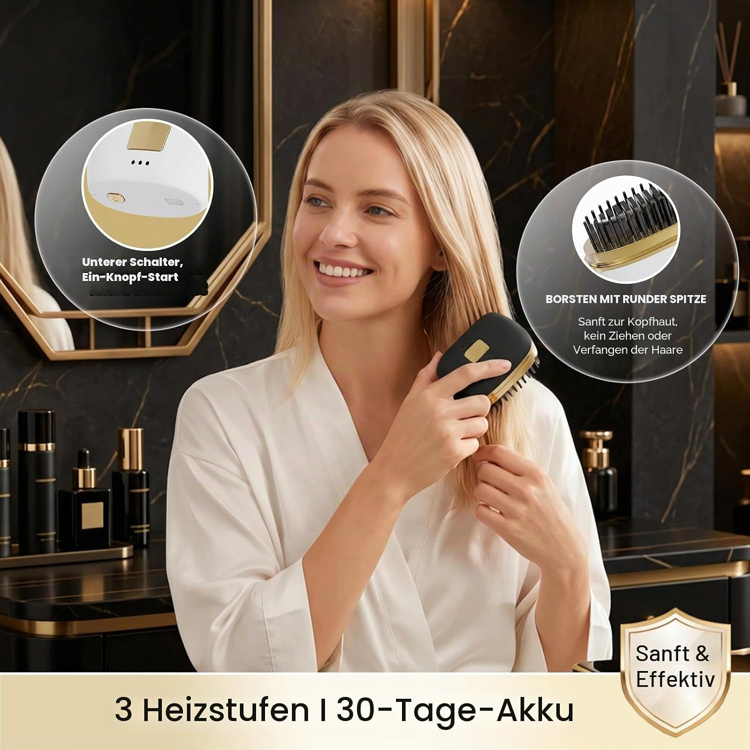 Eine lächelnde blonde Frau in einem weißen Bademantel bürstet ihr Haar mit einer tragbaren beheizbaren Haarbürste.