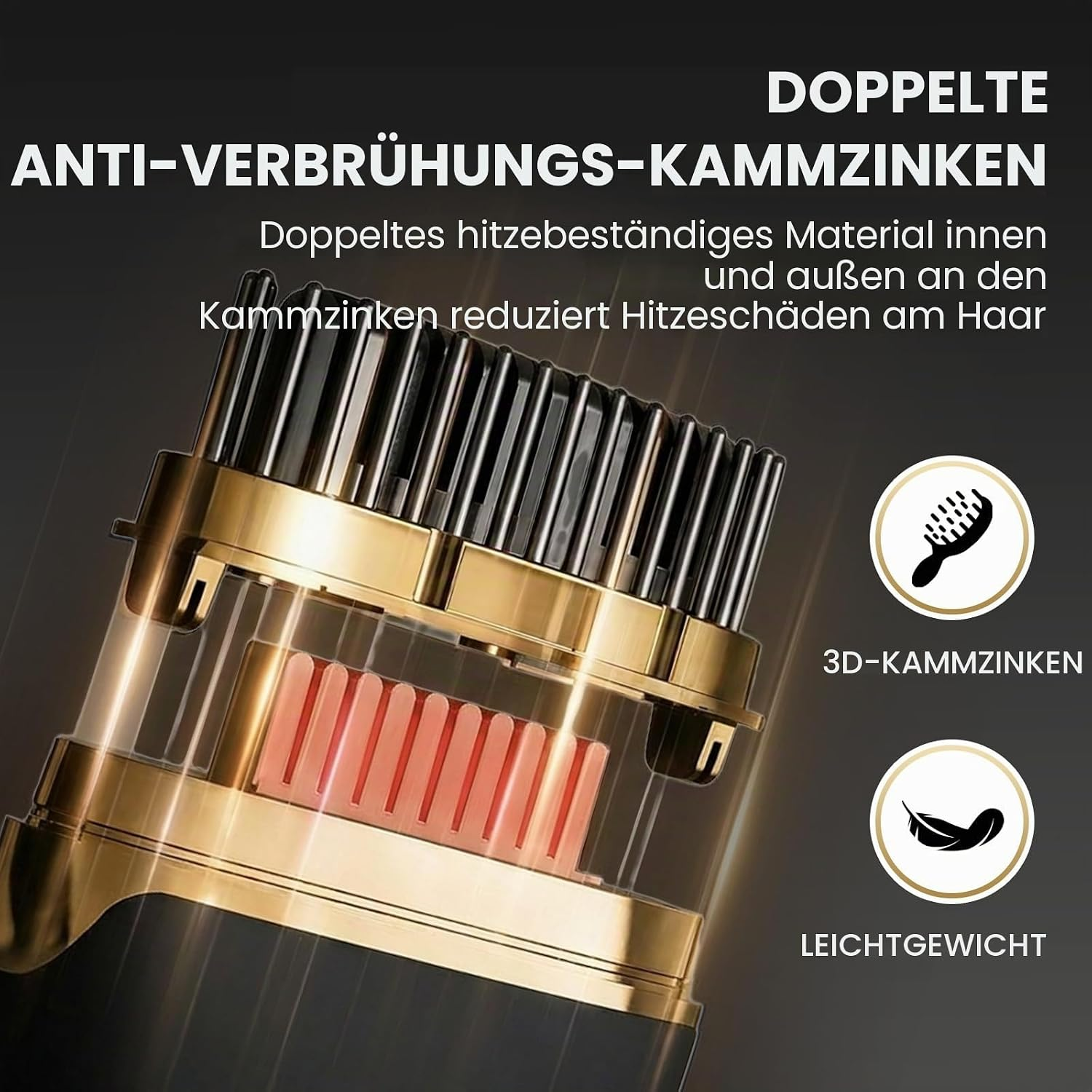 Nahaufnahme einer Haarbürste mit doppelten anti-verbrühungs-kammzinken, deutsche Textüberschrift.