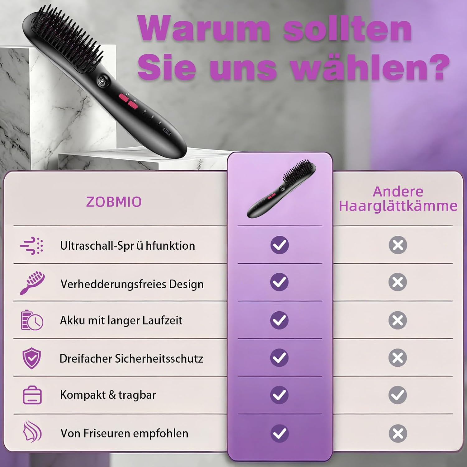 Vergleichstabelle für Haarglättkämme mit Produktfeatures, Check- und Kreuzsymbolen vor weißem Marmorhintergrund.