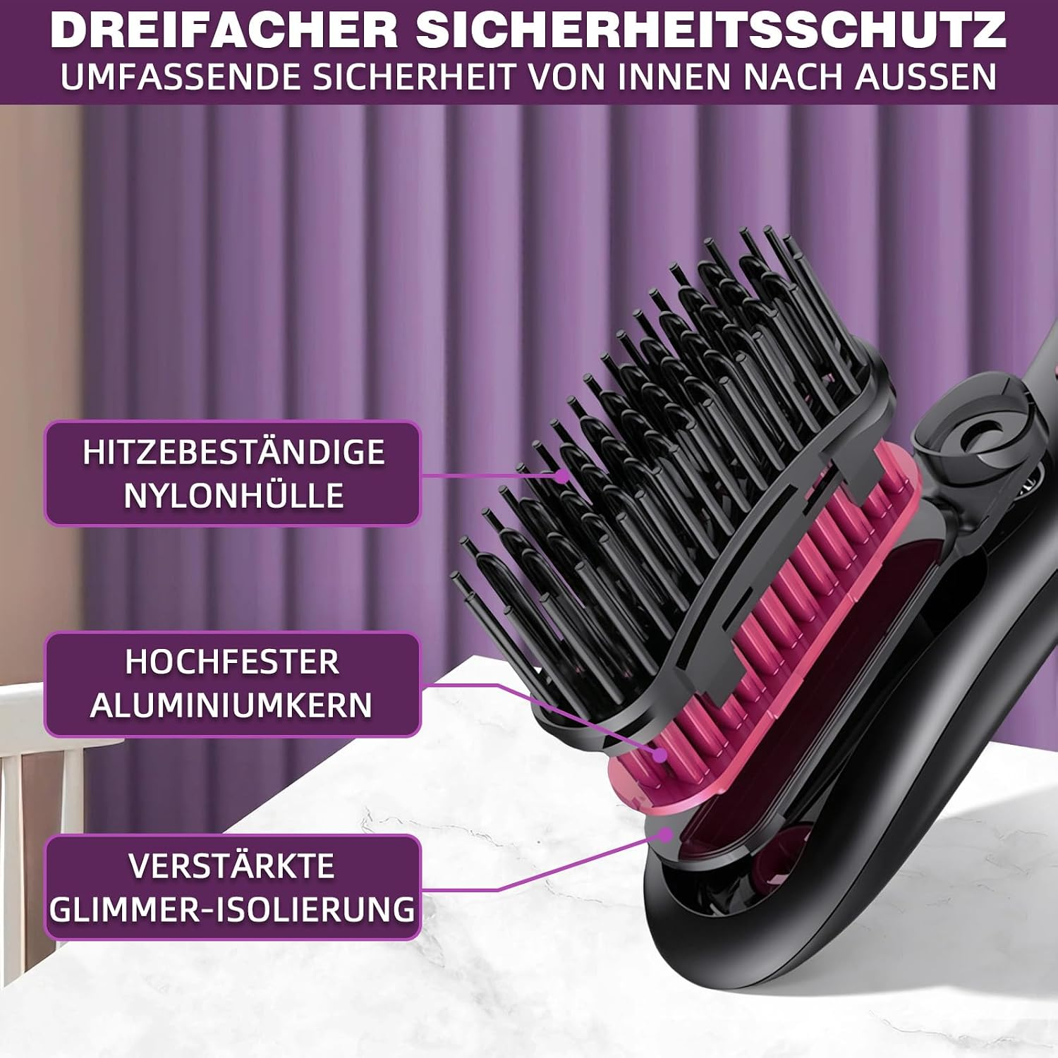 Eine Haarstylingbürste zeigt ihre Schichten wie Nylonhülle, Aluminiumkern und Glimmer-Isolierung.
