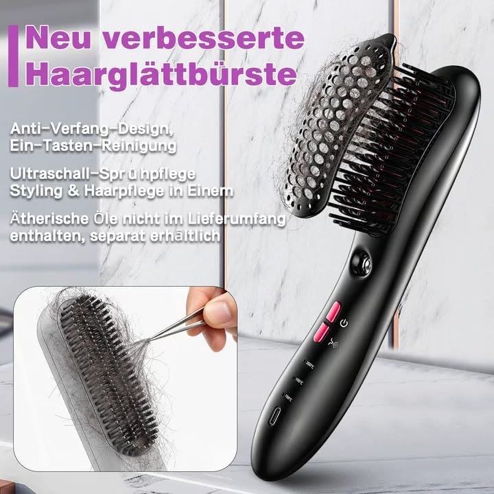 Schwarze Haarglättbürste mit Selbstreinigungsfunktion und Sprühpflege vor Marmorhintergrund.