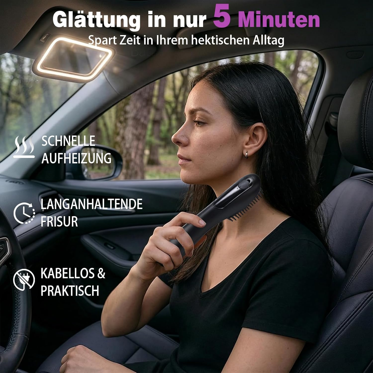 Eine Frau nutzt eine kabellose Haarglättungsbürste auf dem Beifahrersitz eines Autos.