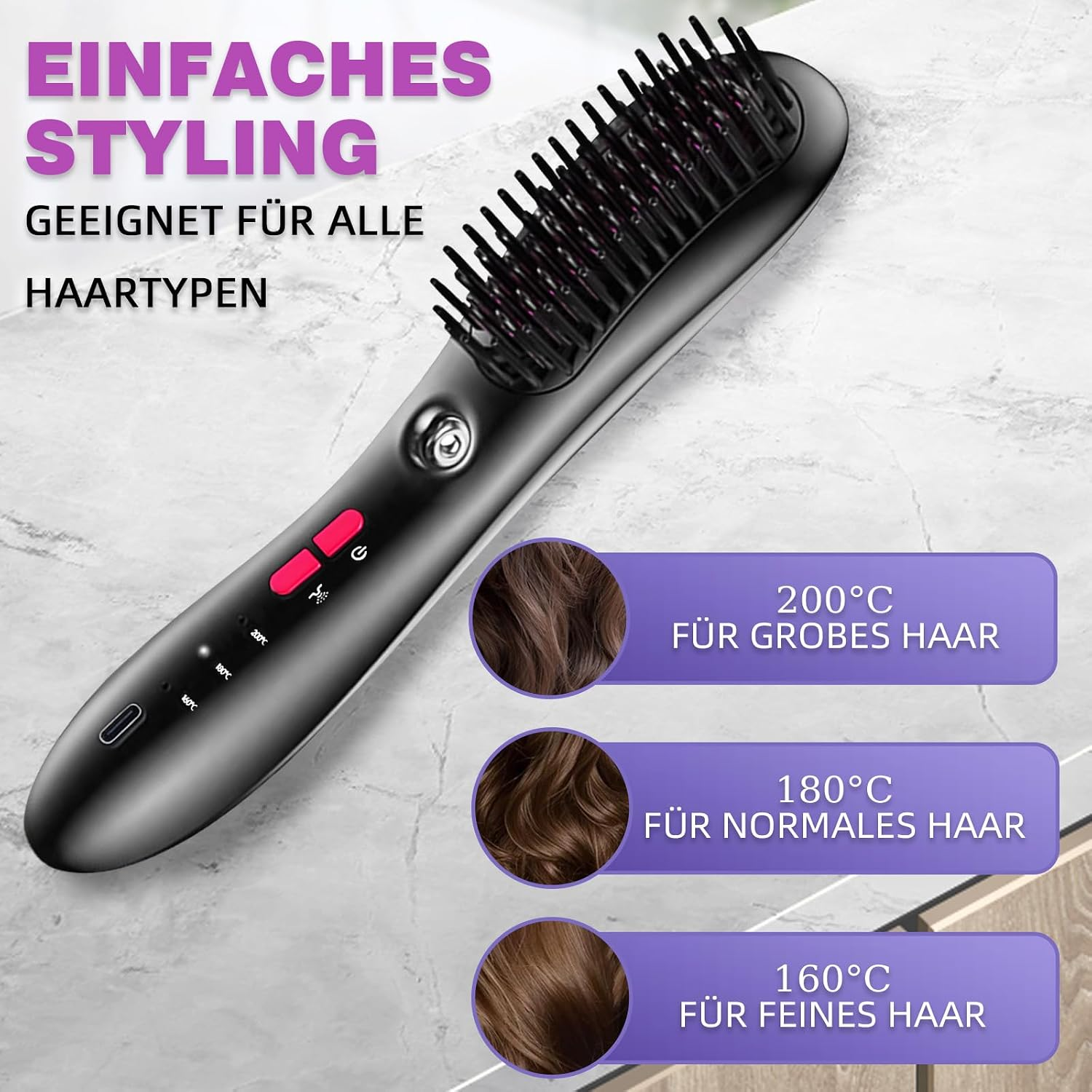 Eine schwarze Glättungsbürste auf hellem Hintergrund mit deutschem Text und Temperaturangaben.