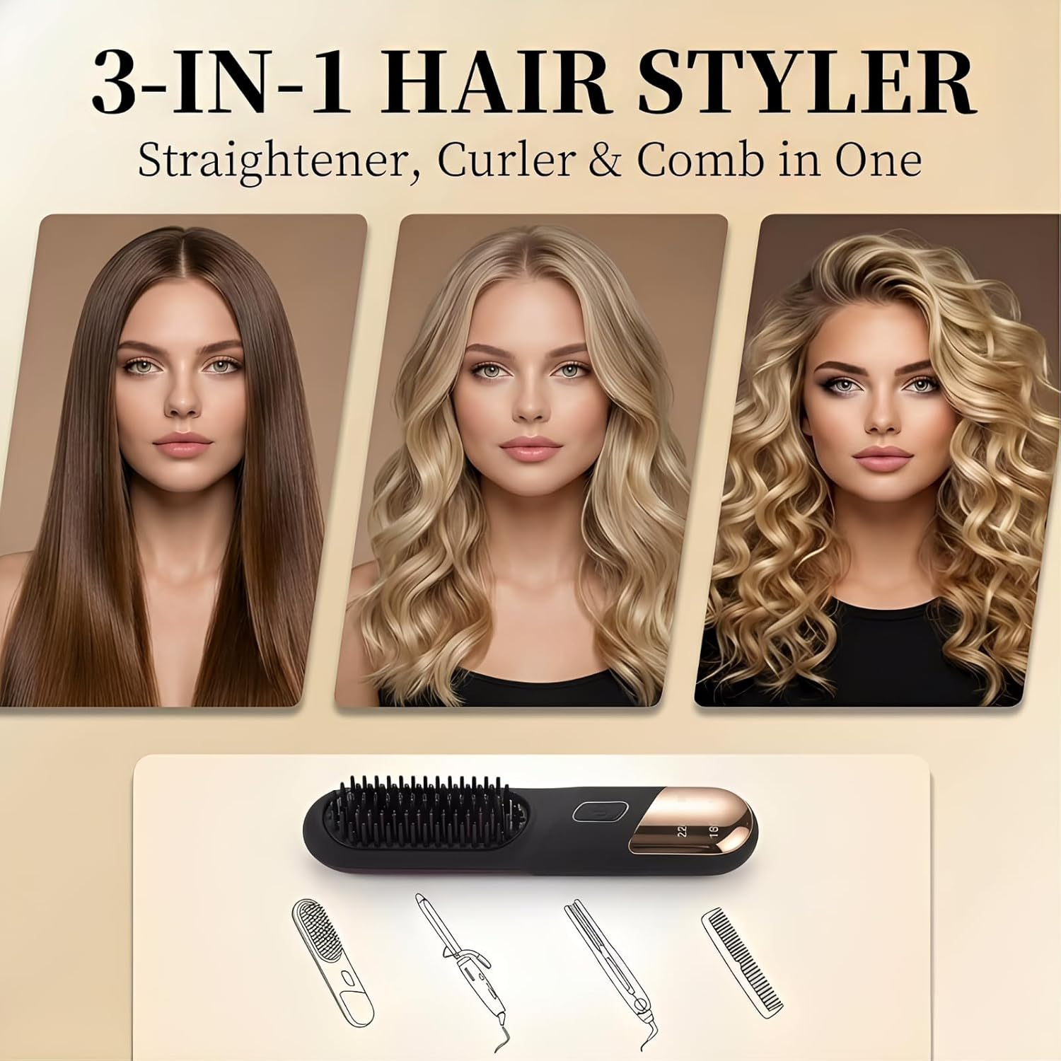 Eine Anzeige für einen 3-in-1-Haarstyler zeigt glattes, gewelltes und lockiges Haar sowie das Stylinggerät.