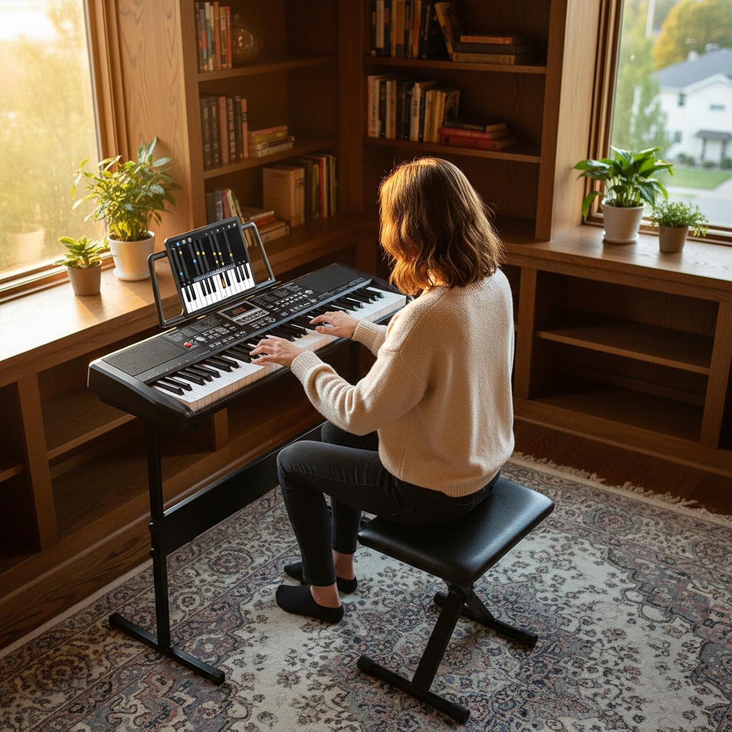 Eine Frau spielt ein E-Piano in einem sonnigen Zimmer mit Bücherregalen und Pflanzen.