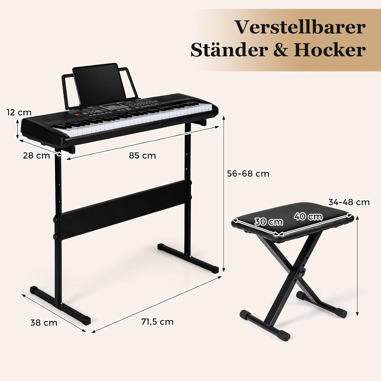 Verstellbarer schwarzer Keyboardständer mit passendem Hocker und Maßangaben.