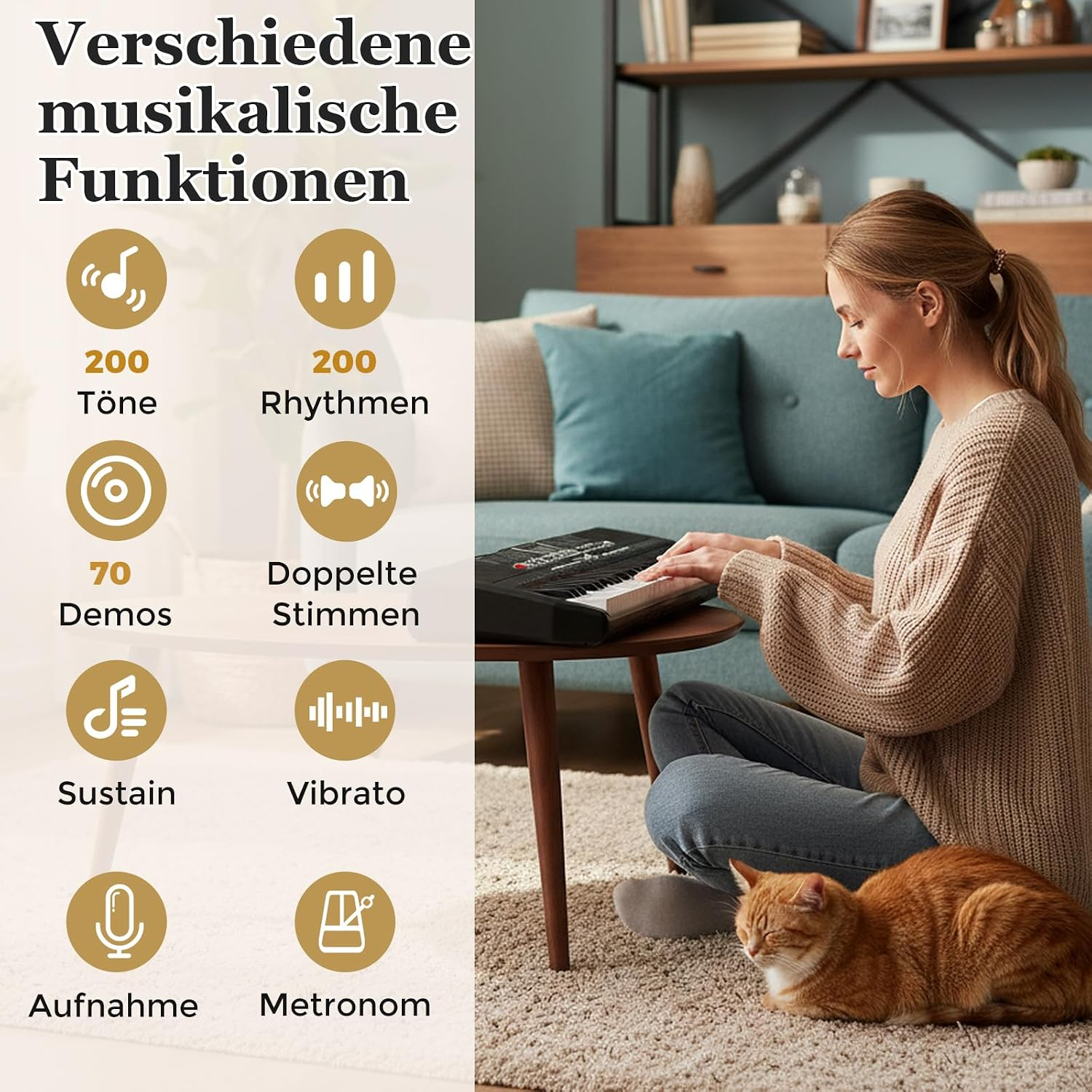 Frau sitzt auf dem Teppich und spielt auf einem kleinen Keyboard, während eine Katze schläft. Links Info-Icons.