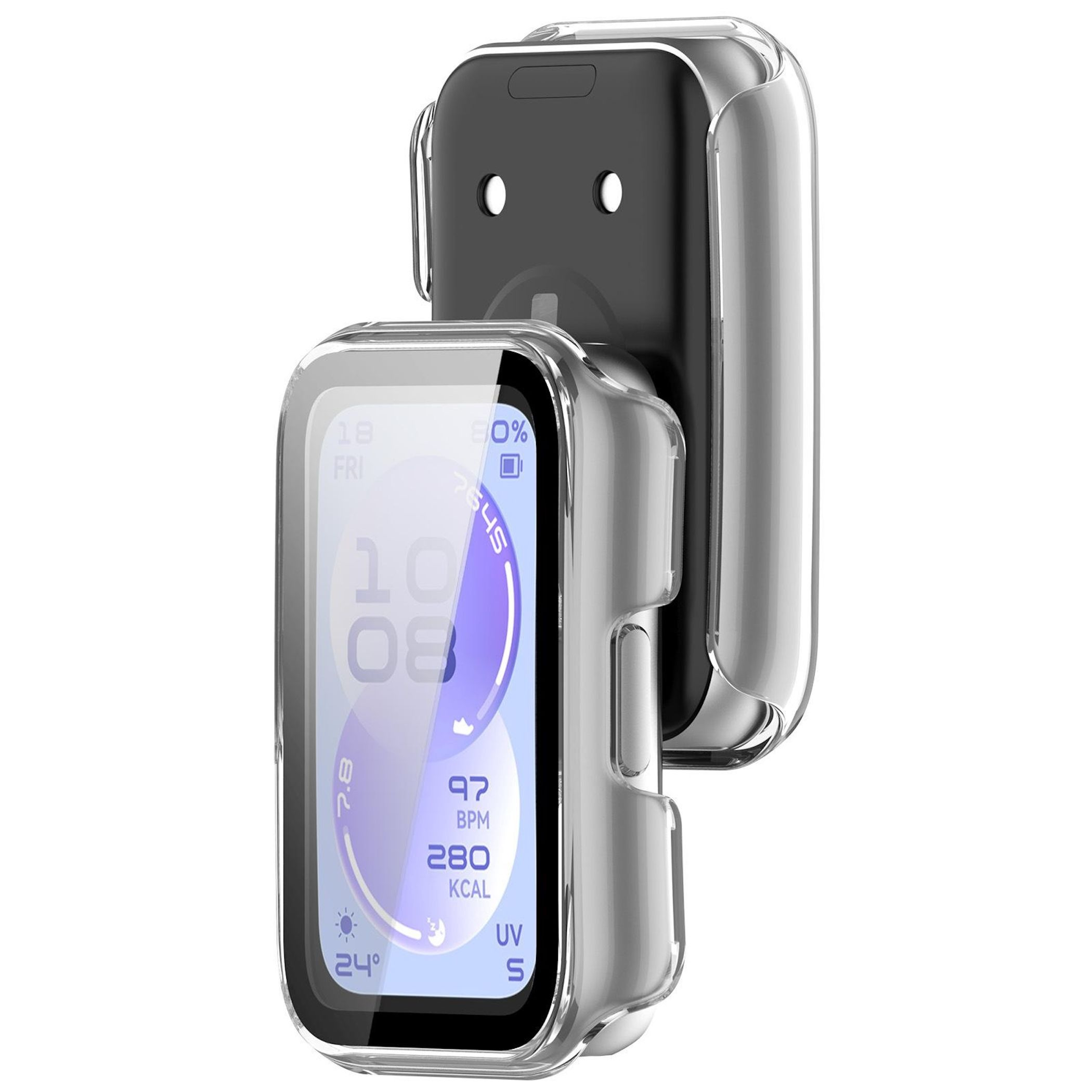 Ein schwarzer Fitness-Tracker mit transparenter Schutzhülle zeigt Uhrzeit, Schritte, Herzfrequenz und Kalorien an.