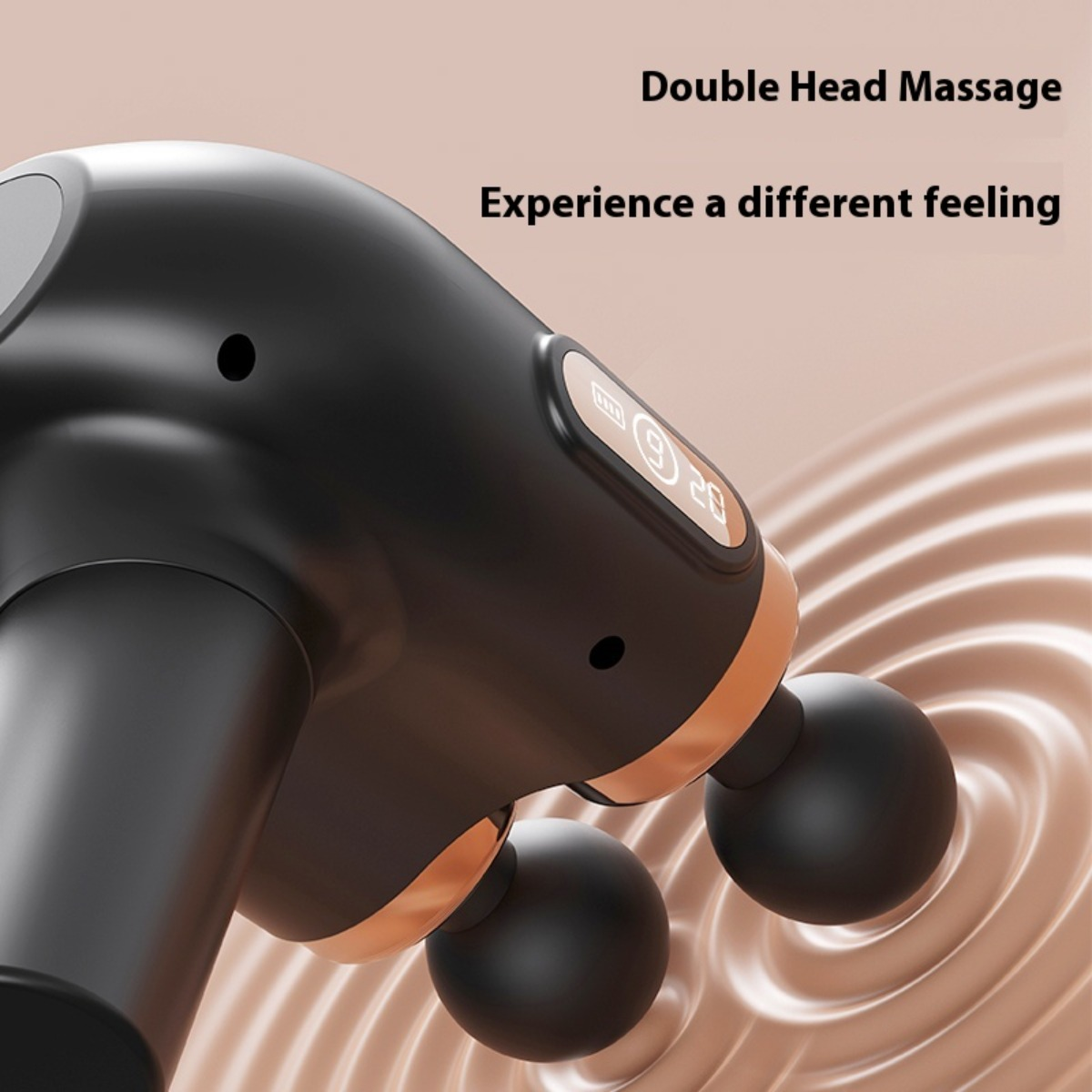 Schwarzes Doppel-Massagegerät mit Kupferakzenten und digitalem Display über wellenförmigem Hintergrund.