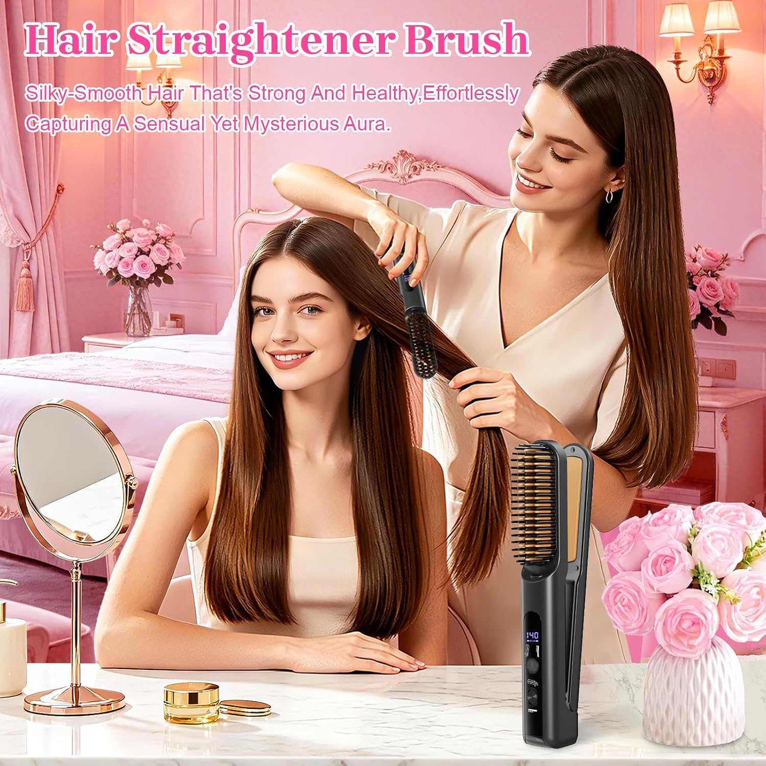 Eine Frau glättet die Haare einer anderen Frau mit einer Haarglätterbürste vor einem rosa Hintergrund.
