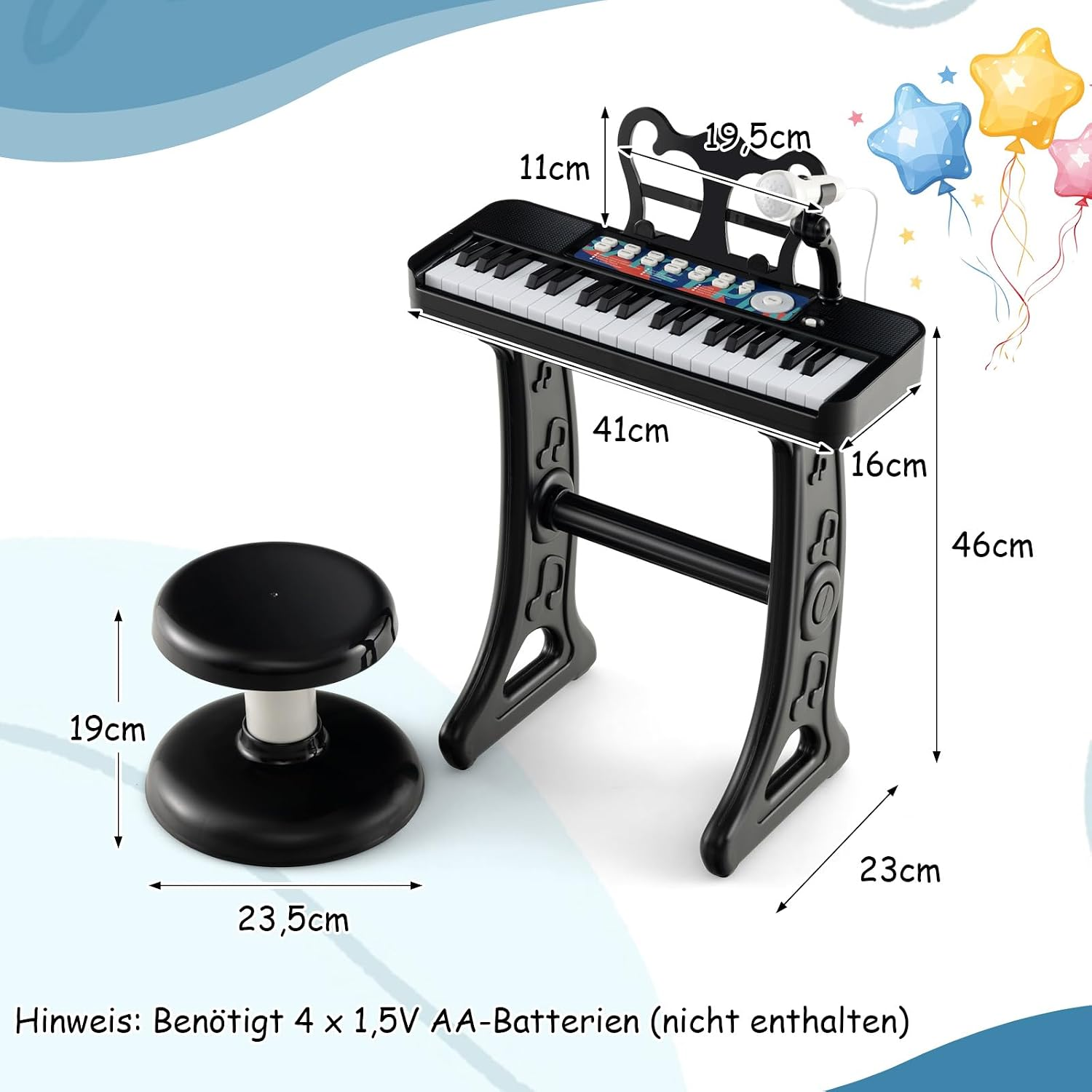 Schwarzes Kinderspielzeug-Keyboard mit Stuhl und Maßen, begleitet von bunten Luftballons.