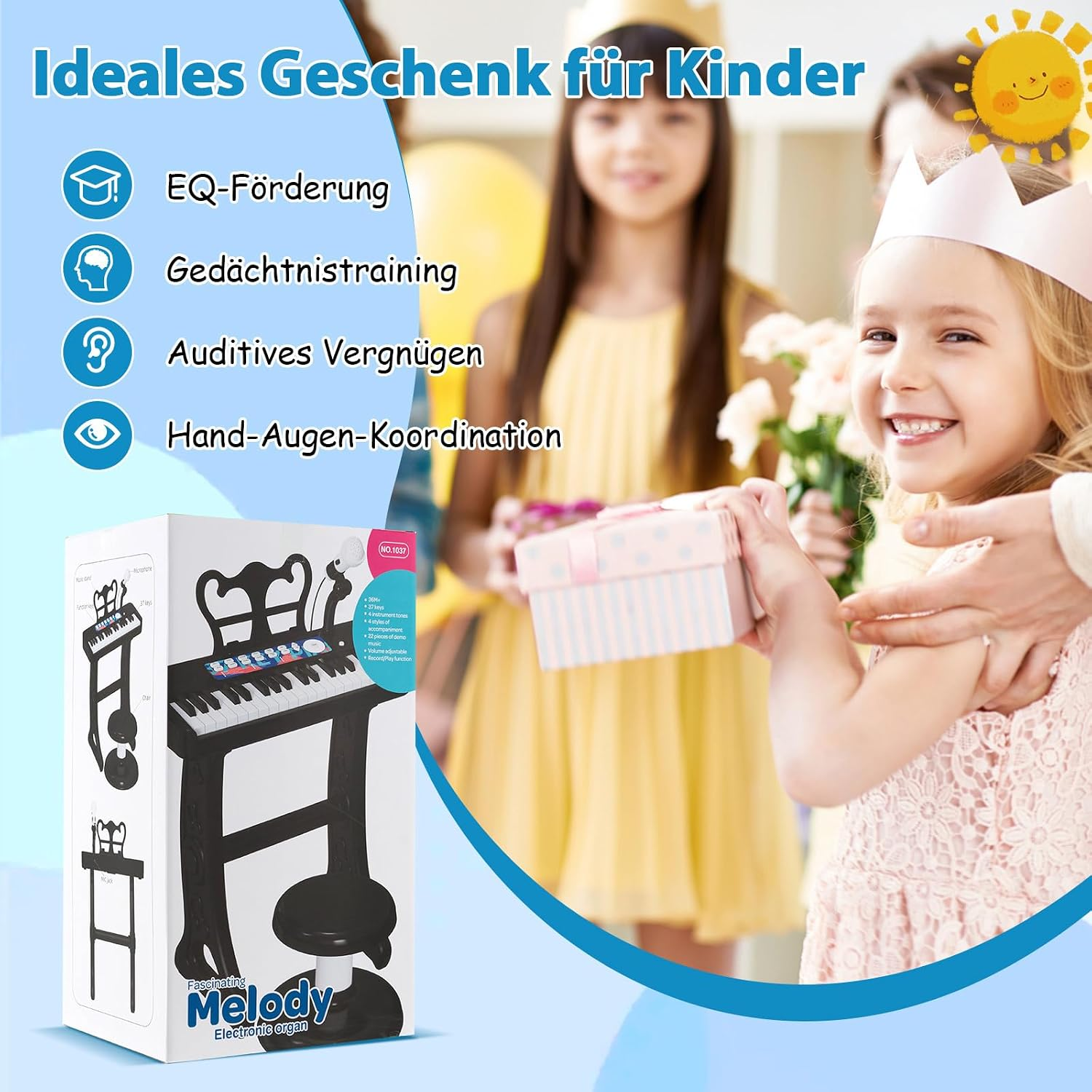 Ein glückliches Mädchen erhält eine Geschenkbox mit einer Spielzeug-Orgel im Hintergrund.