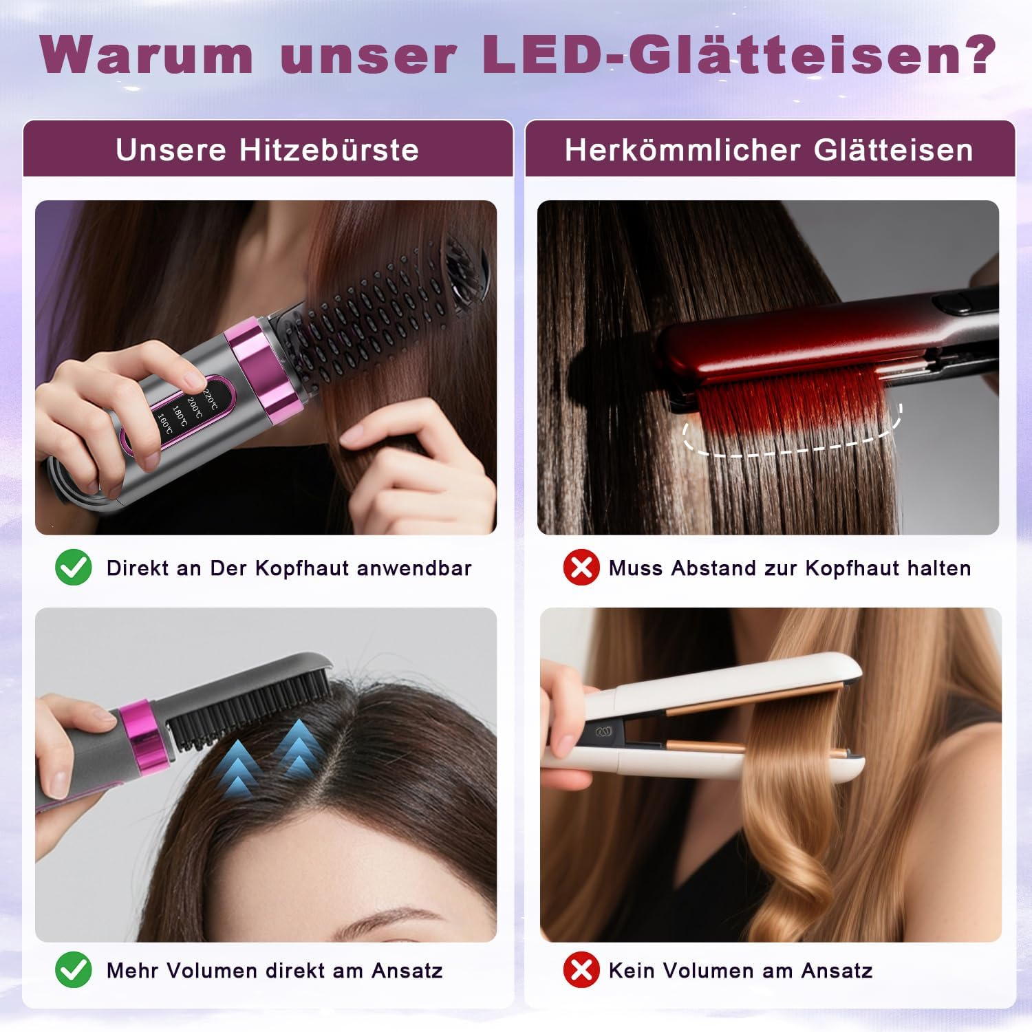 Vergleich einer Hitzebürste nahe der Kopfhaut mit einem Glätteisen, das Abstand erfordert.