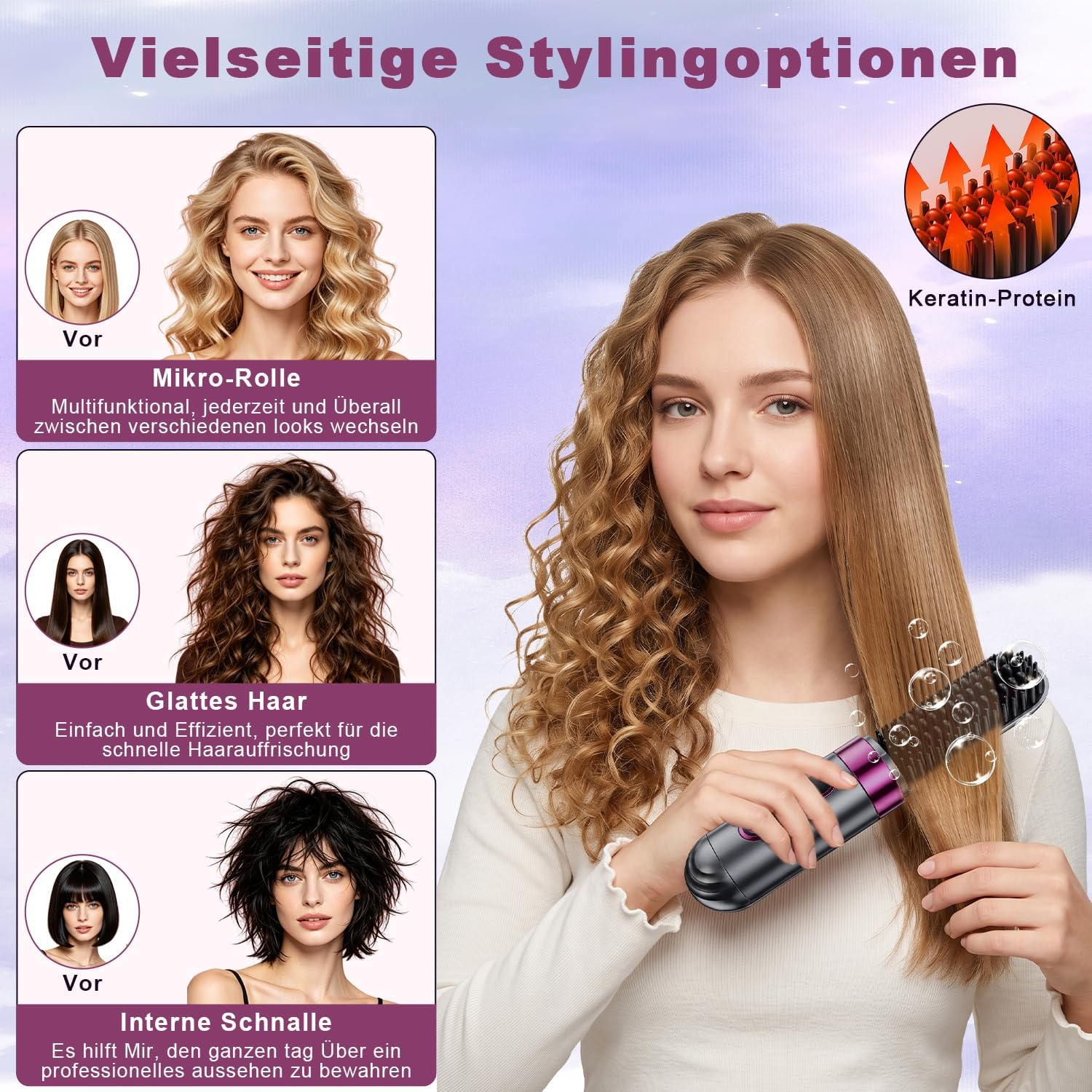 Frau zeigt Stylingoptionen mit einer Haarbürste, die glattes Haar und Locken formt.