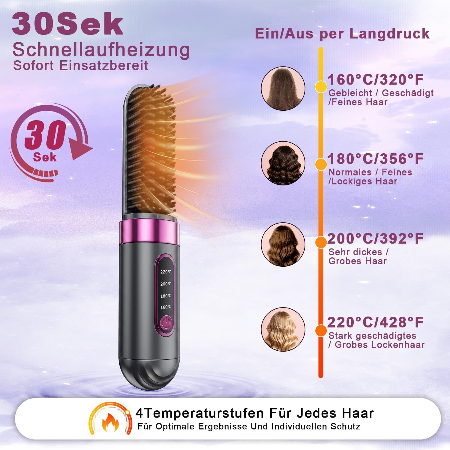 Haarglättungsbürste mit 4 Temperaturstufen und schneller Aufheizung in 30 Sekunden.