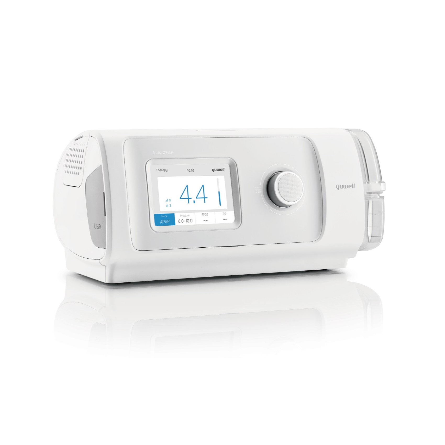 Un appareil CPAP automatique Yuwell blanc avec écran numérique, molette de commande et réservoir d'eau.
