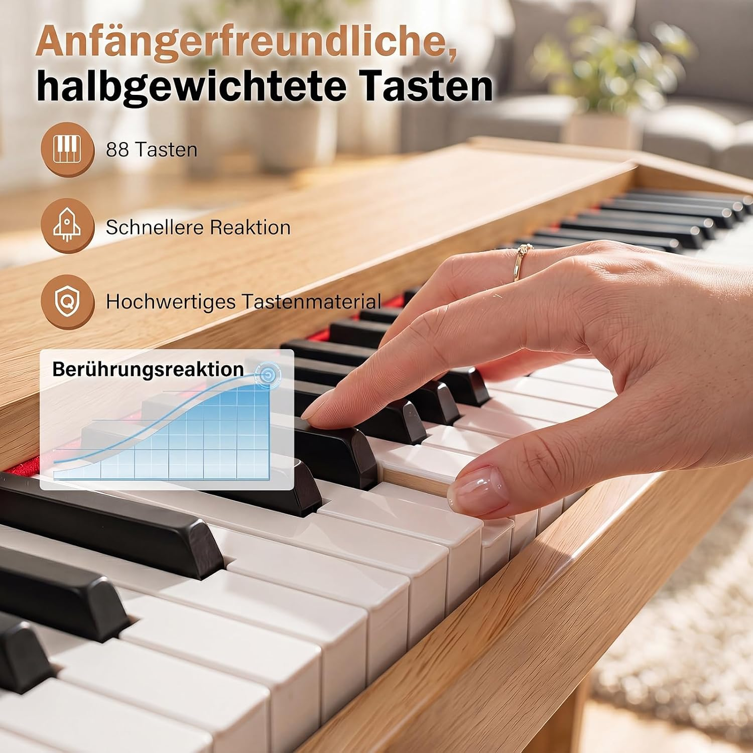 Eine Hand spielt ein Holz-Digitalpino mit Textoverlays, die Funktionen wie 88 Tasten und Anschlagdynamik erklären.